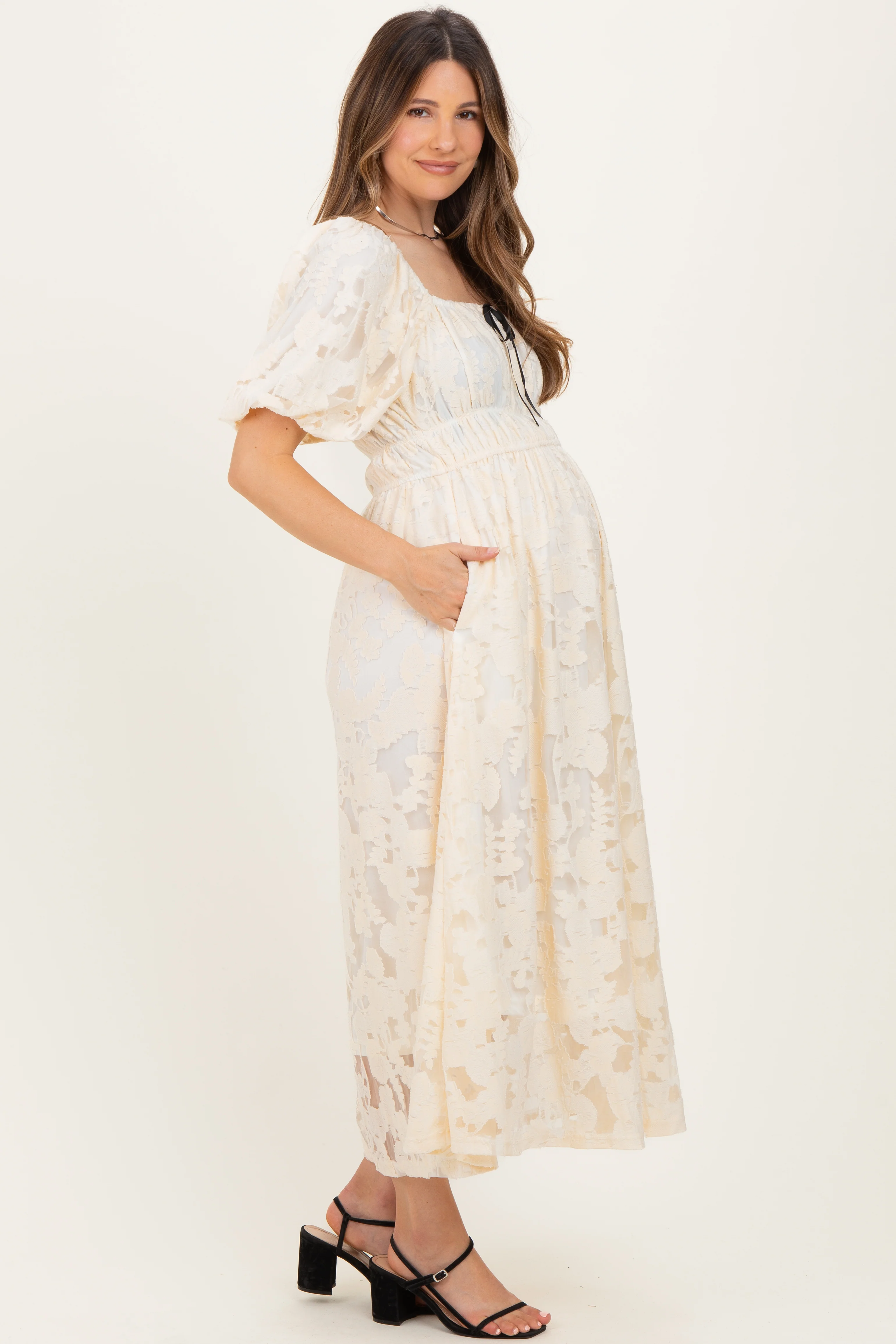 Cream Lace Puff Sleeve Maternity Midi Dress - Image 2
