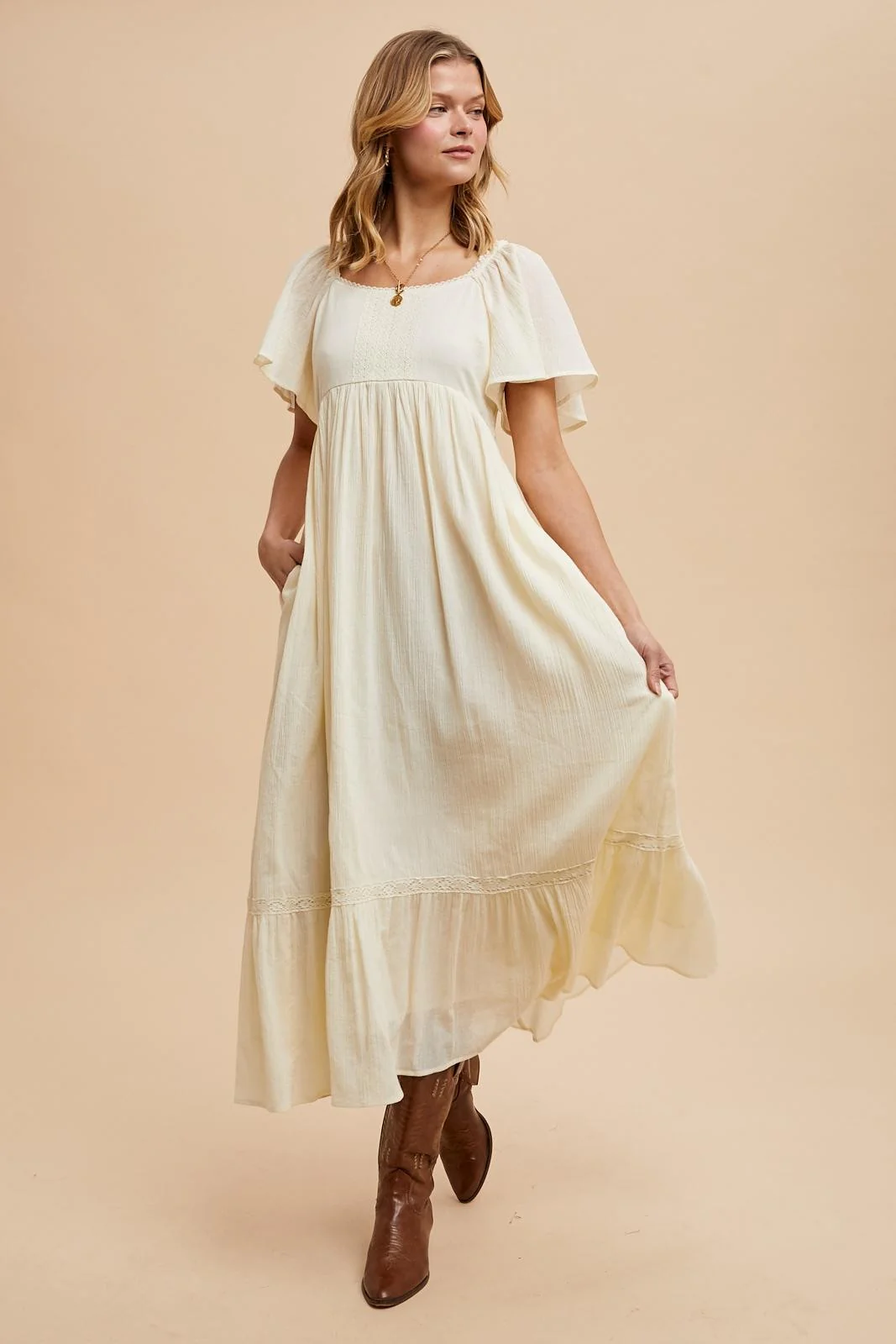 Cream Lace Square Neck Maternity Maxi Dress - Image 3