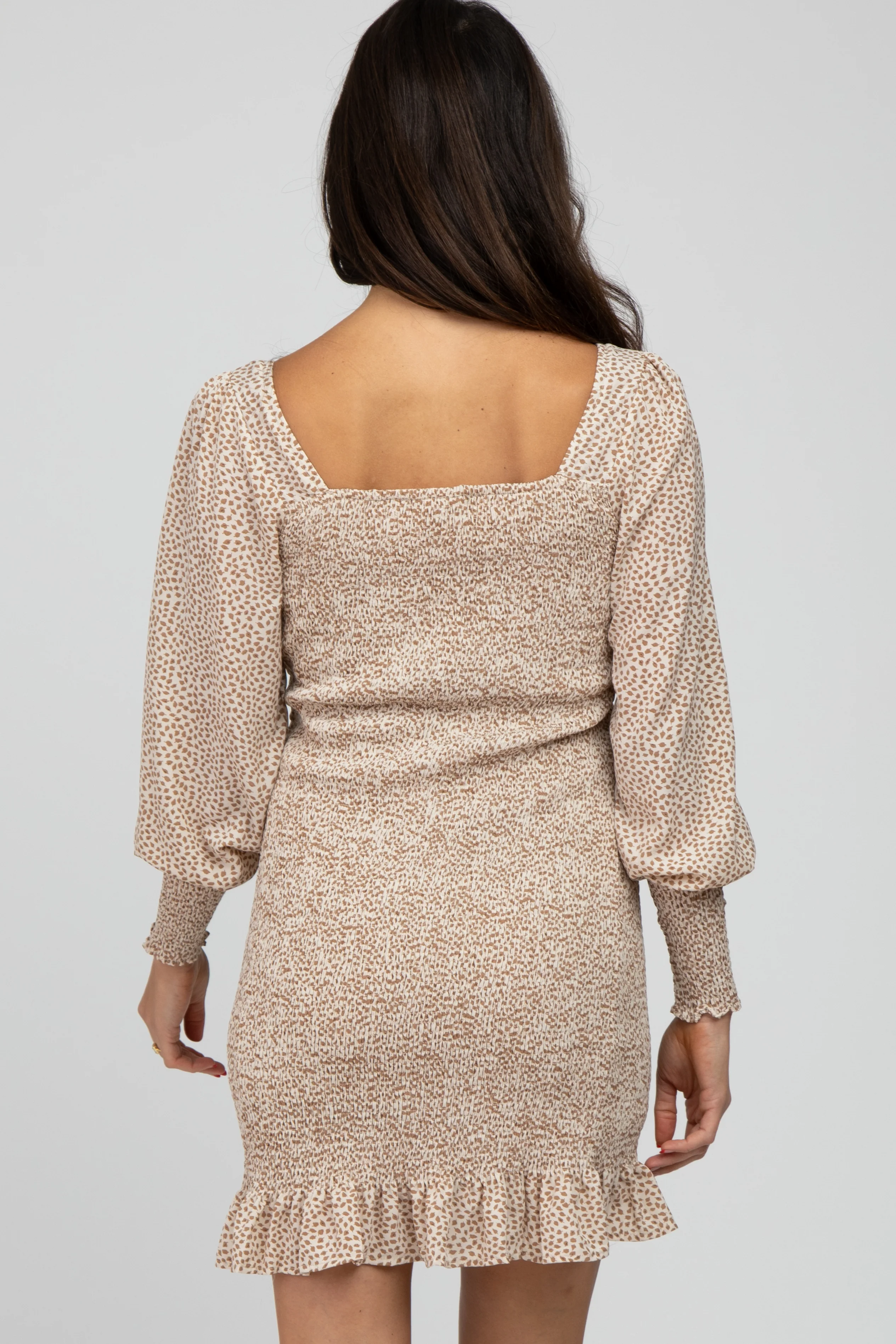 Cream Leaf Print Smocked Dress - Image 5