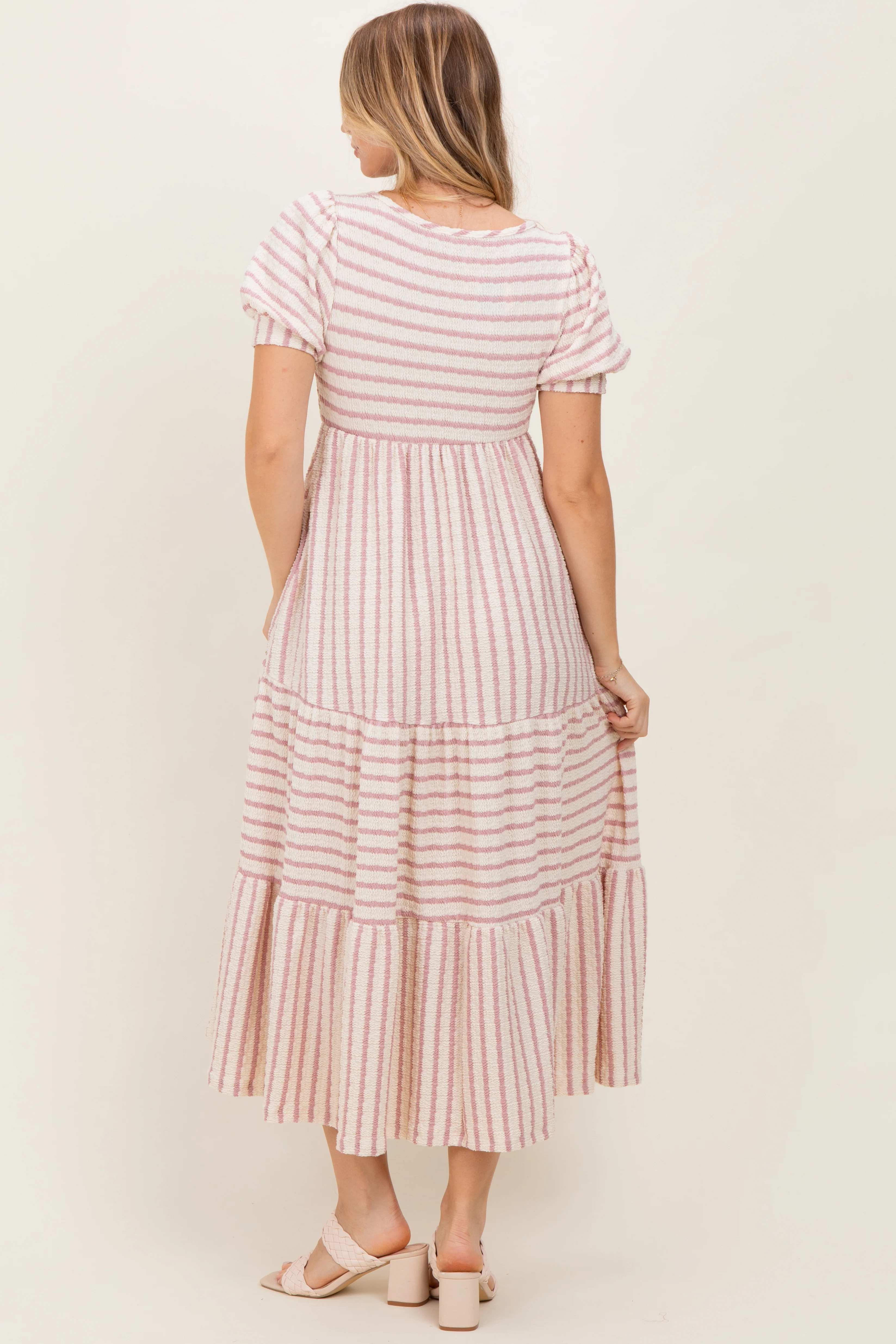 Cream/Mauve Striped Short Sleeve Tiered Maxi Dress - Image 4