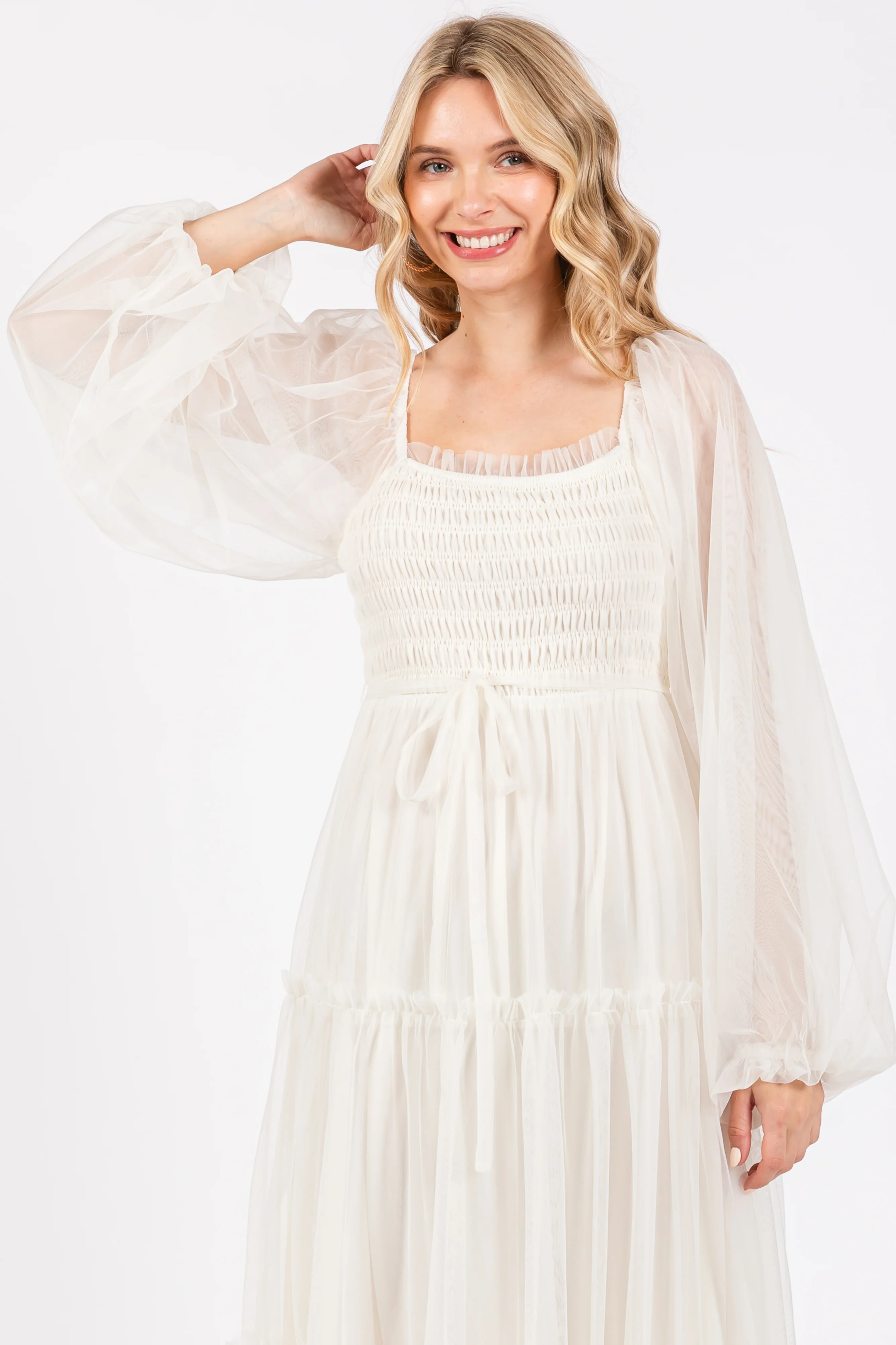 Cream Mesh Tiered Long Sleeve Maxi Dress - Image 4