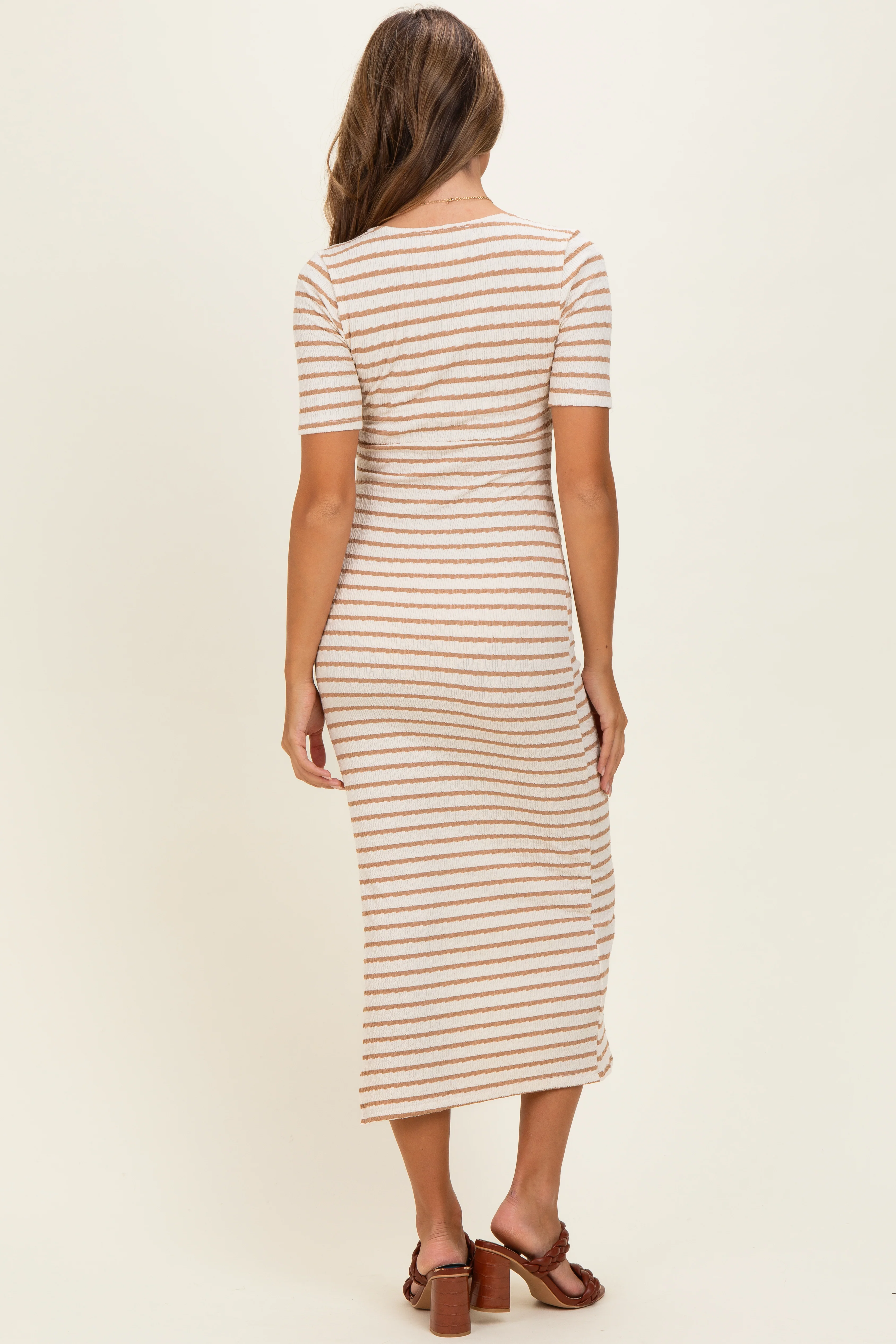 Cream/ Mocha Striped Knit Short Sleeve Maxi Dress - Image 3