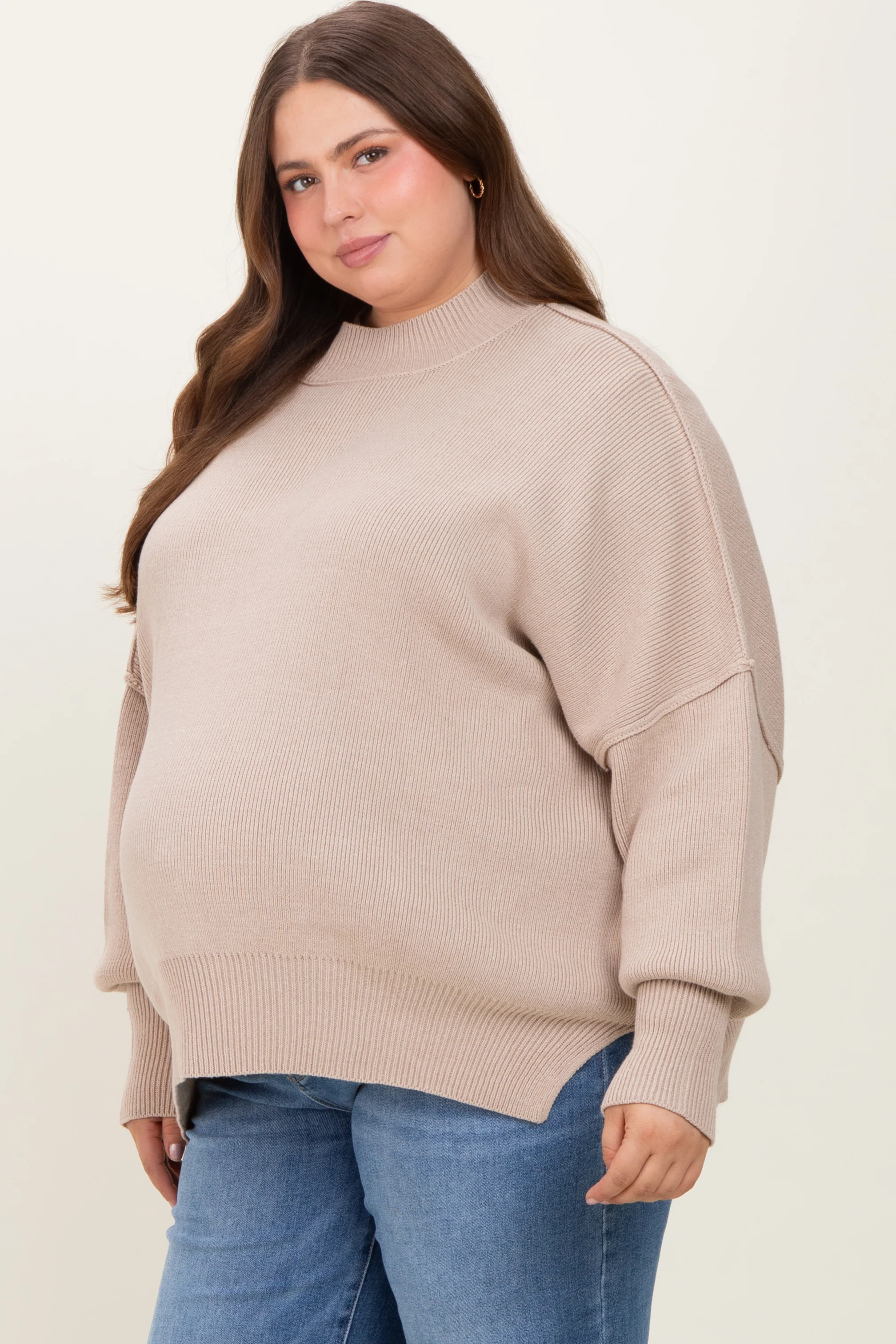 Cream Mock Neck Exposed Seam Maternity Sweater - Image 2