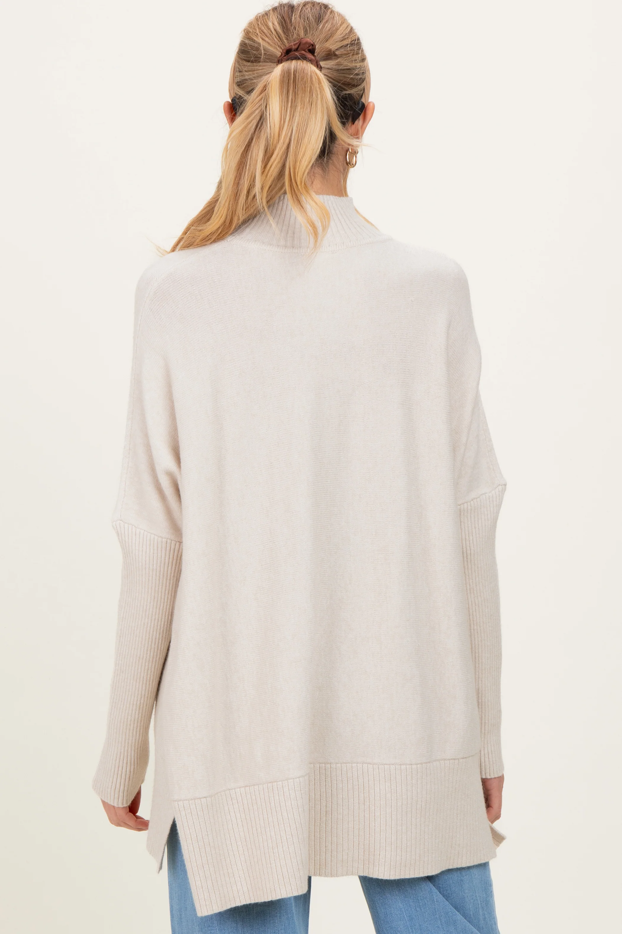 Cream Mock Neck Oversized Sir Slit Maternity Sweater Top - Image 3