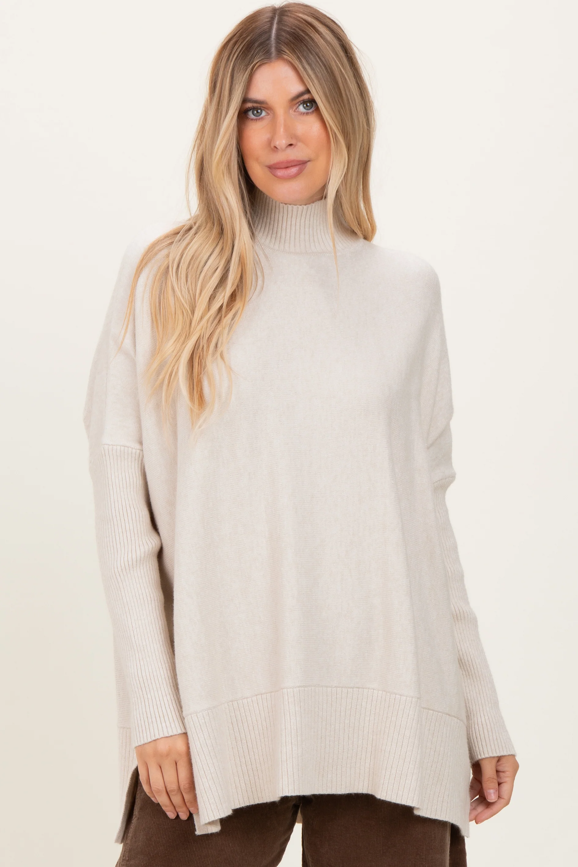 Cream Mock Neck Oversized Sir Slit Maternity Sweater Top - Image 4