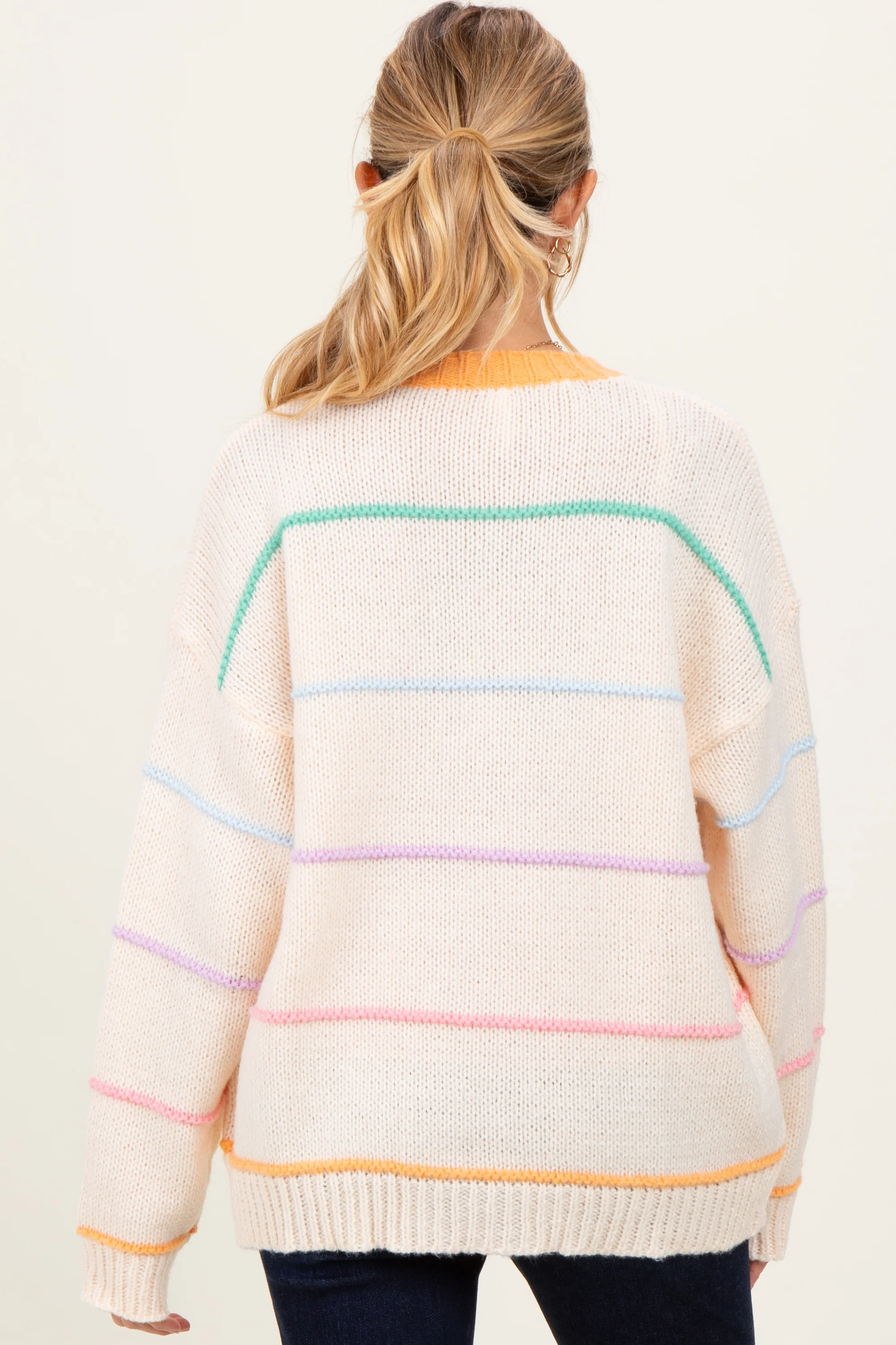Cream Multicolor Stripe Chunky Knit Maternity Cardigan - Image 4