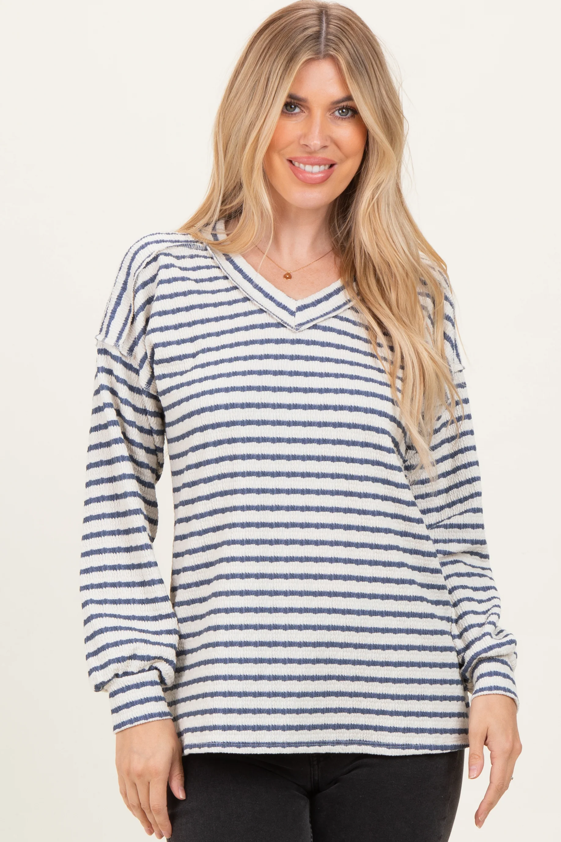 Cream/Navy Long Puff Sleeve V-Neck Striped Maternity Top - Image 4