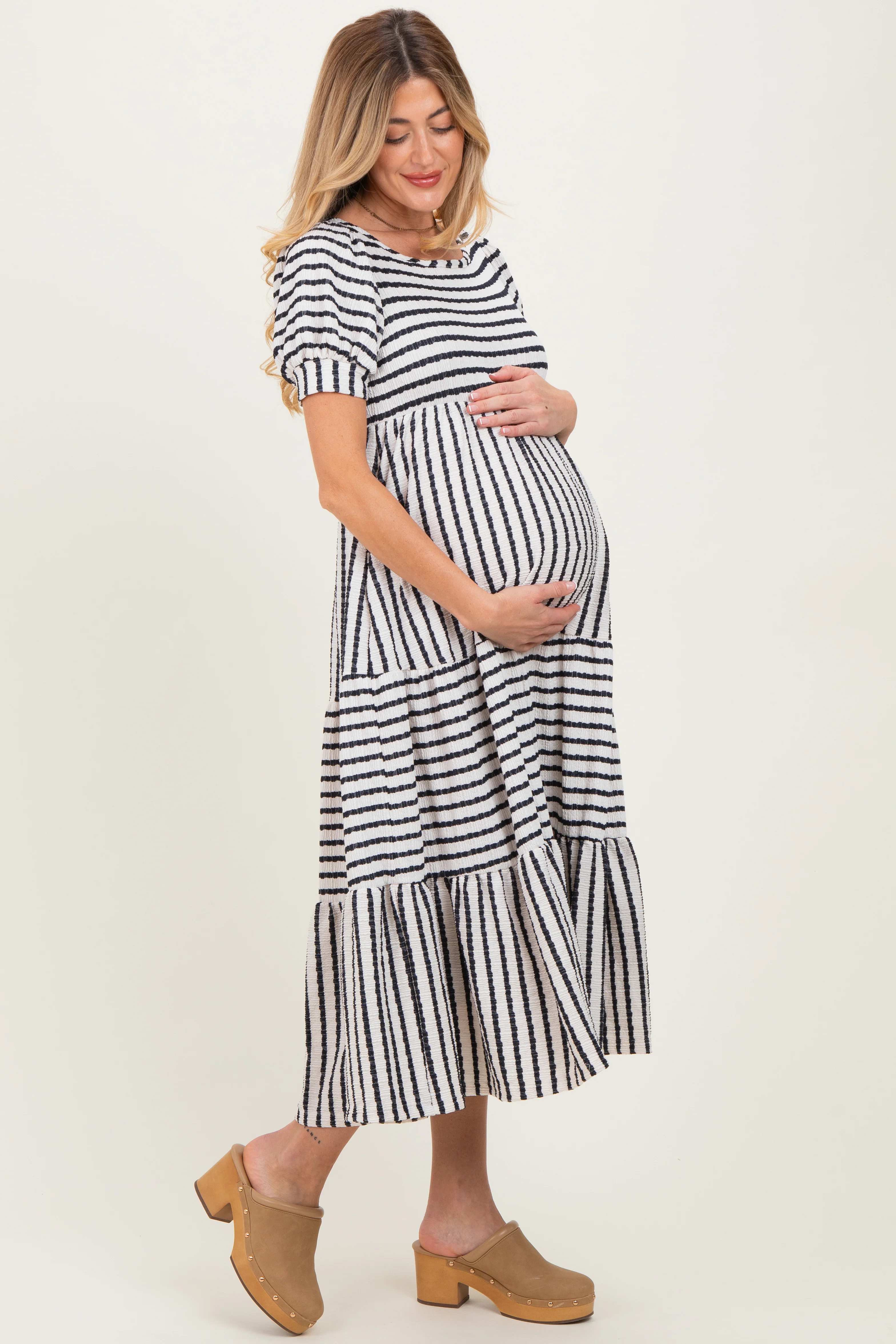Cream/Navy Striped Short Sleeve Tiered Maternity Maxi Dress - Image 3