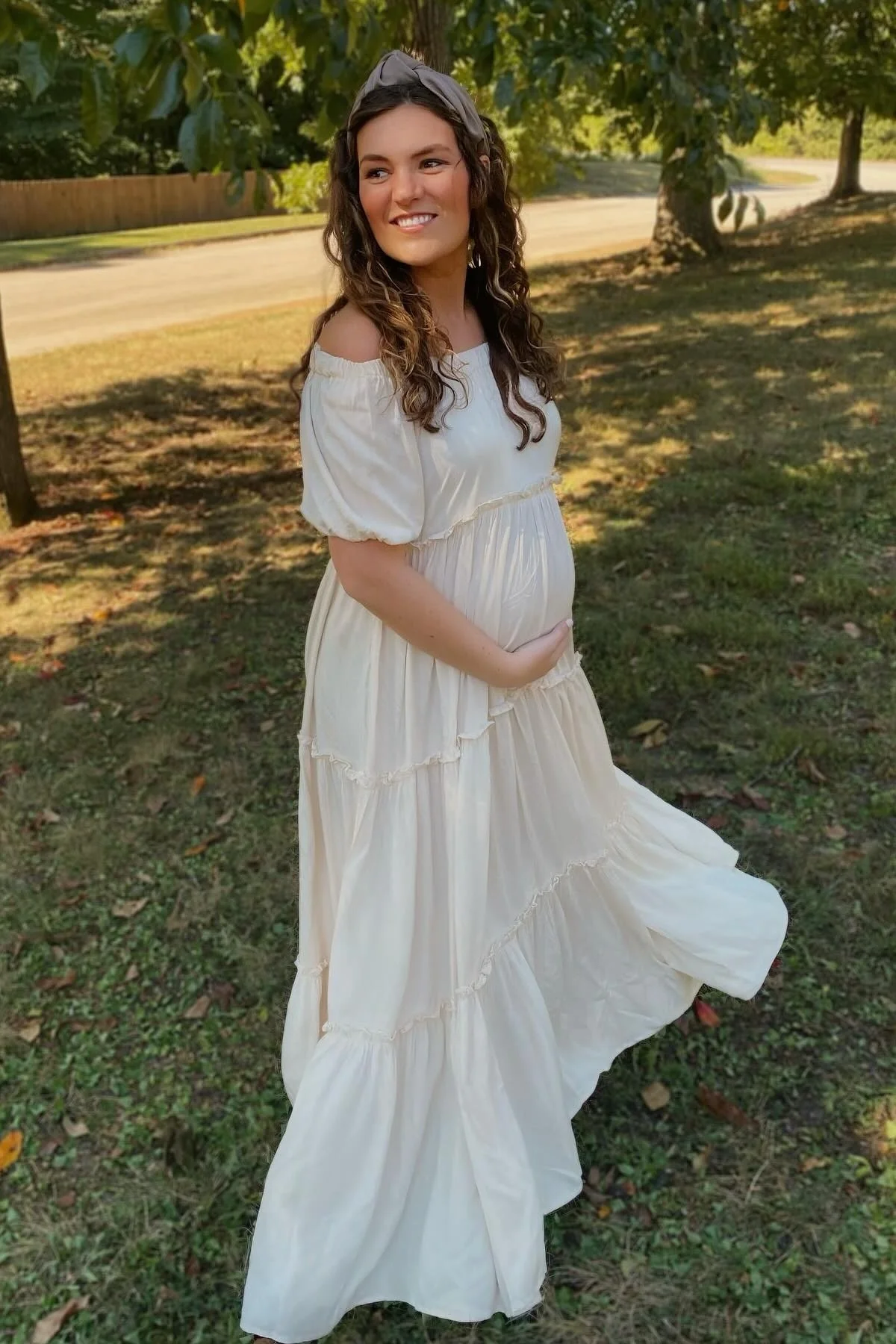 Cream Off Shoulder Ruffle Tiered Maternity Maxi Dress - Image 23