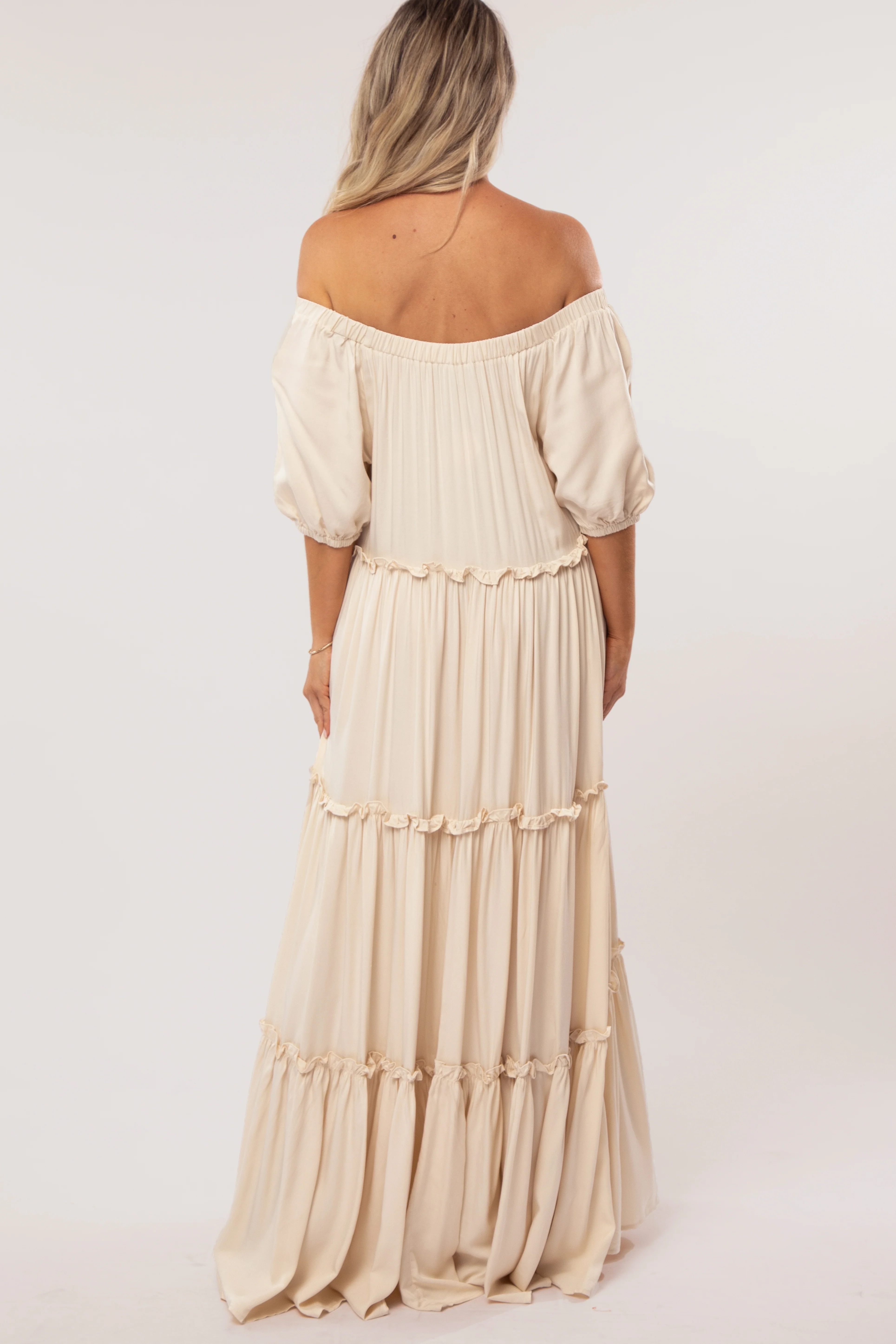 Cream Off Shoulder Ruffle Tiered Maternity Maxi Dress - Image 4