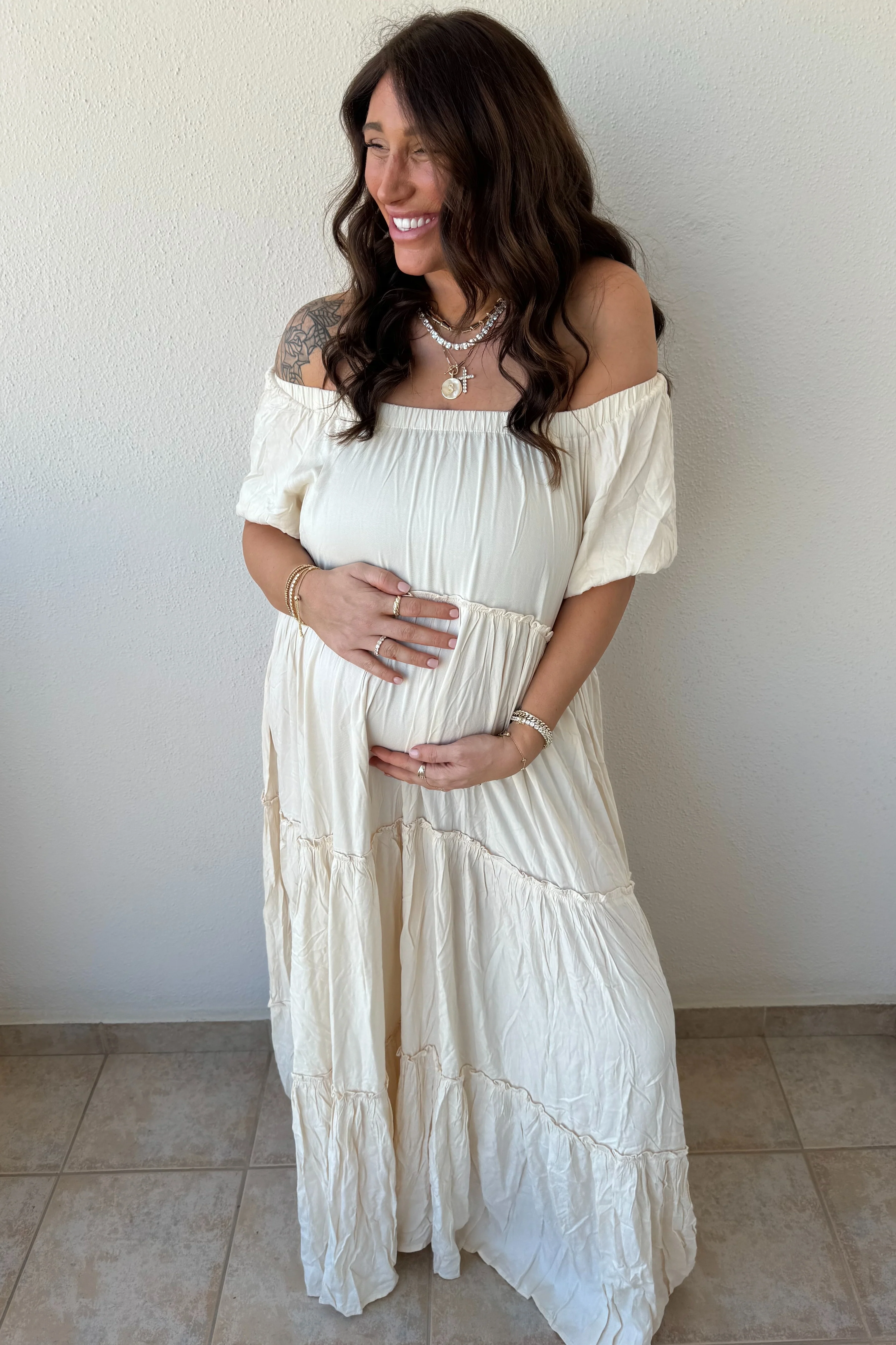 Cream Off Shoulder Ruffle Tiered Maternity Maxi Dress - Image 6