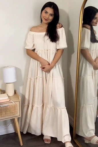Cream Off Shoulder Ruffle Tiered Maxi Dress - Image 7
