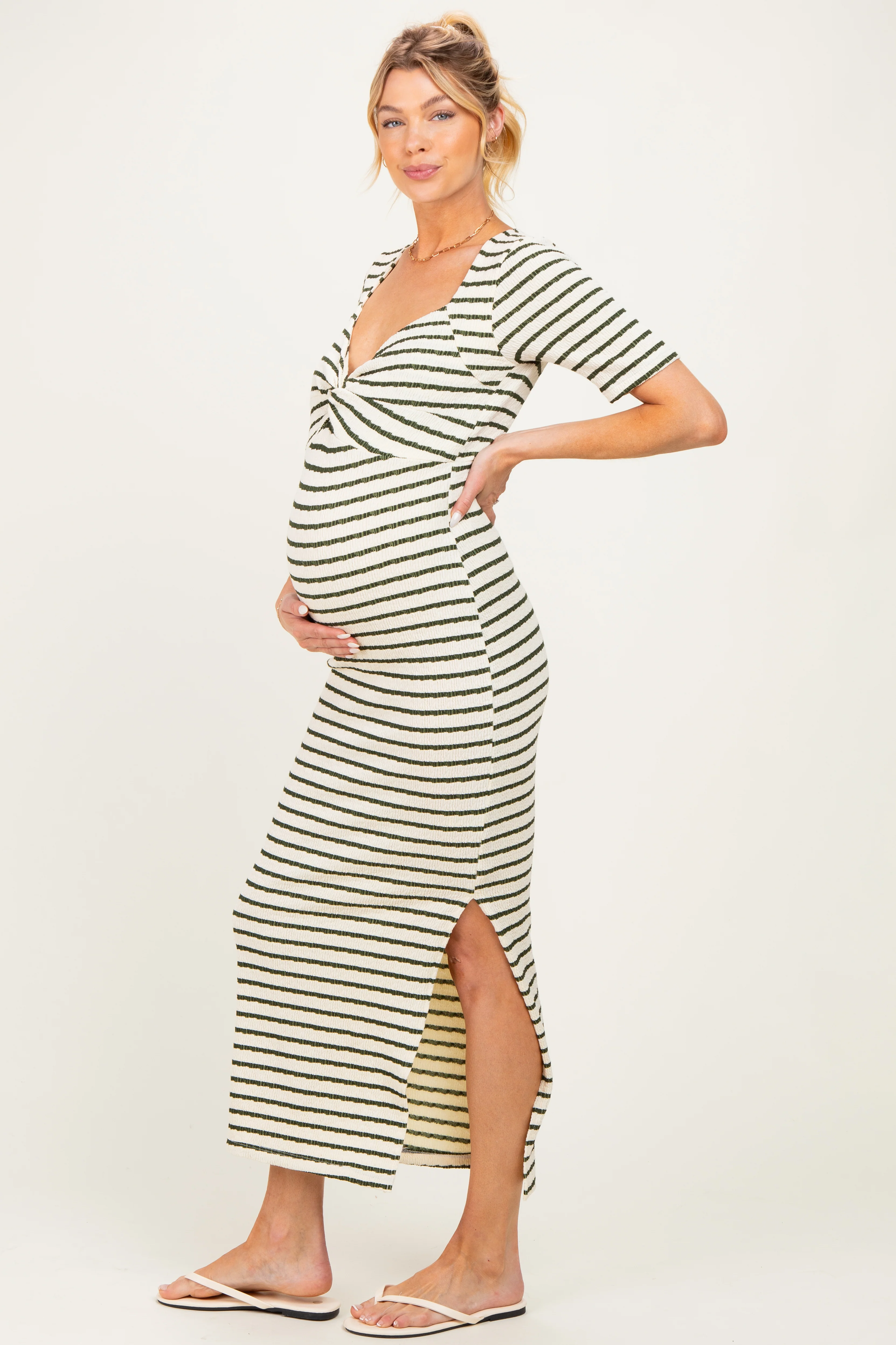Cream/ Olive Striped Knit Short Sleeve Maternity Maxi Dress - Image 3