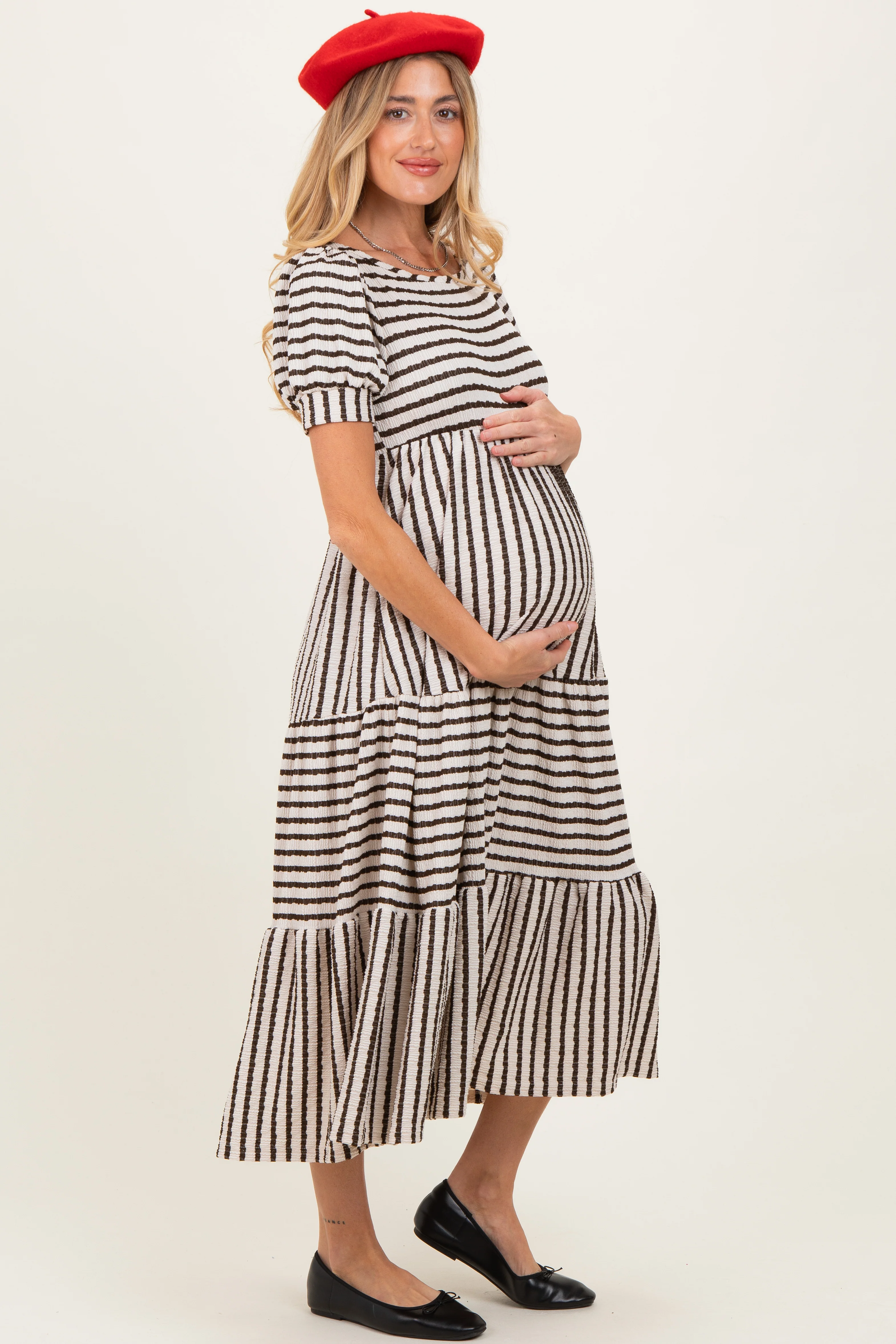 Cream/Olive Striped Short Sleeve Tiered Maternity Maxi Dress - Image 2