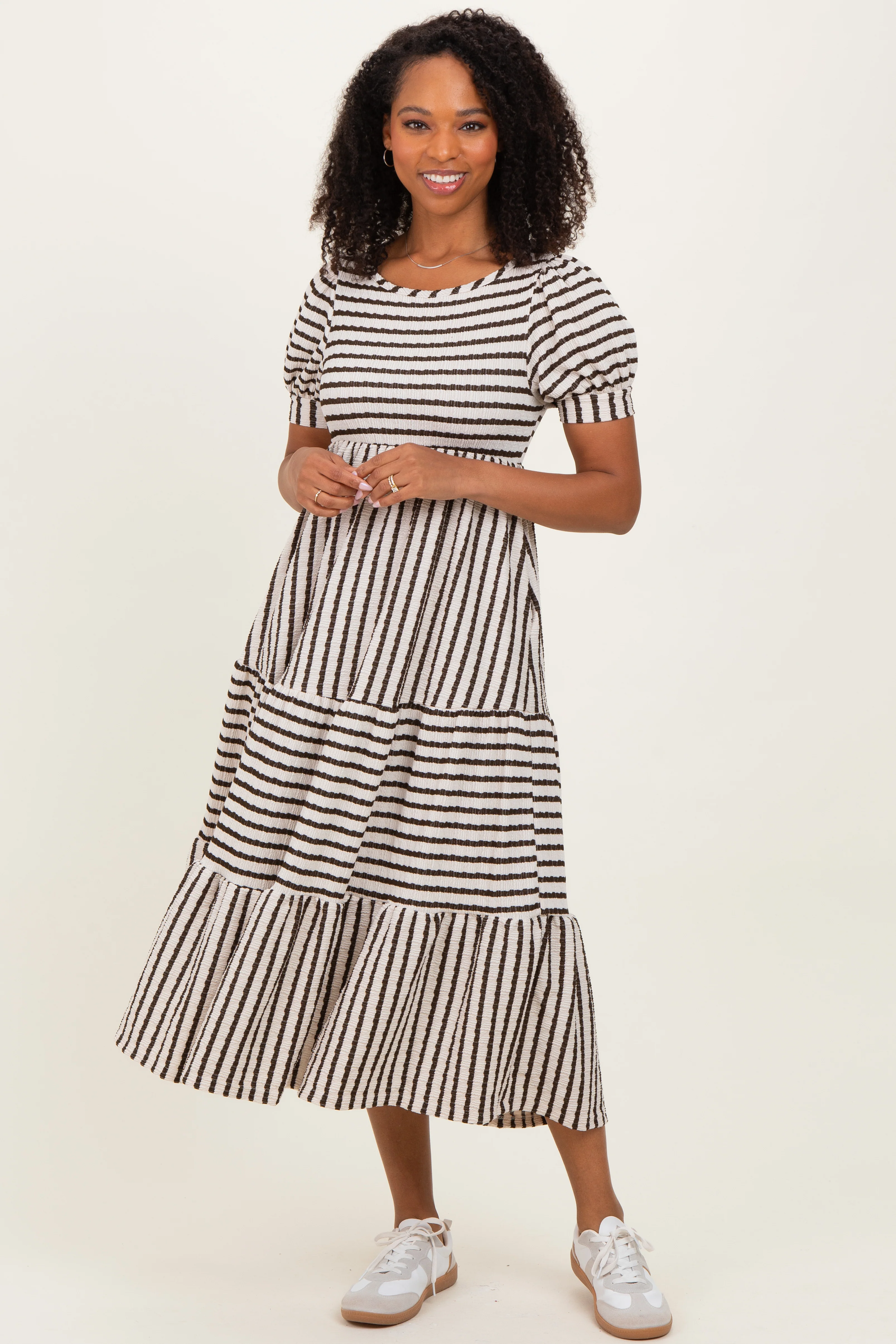 Cream/Olive Striped Short Sleeve Tiered Maxi Dress