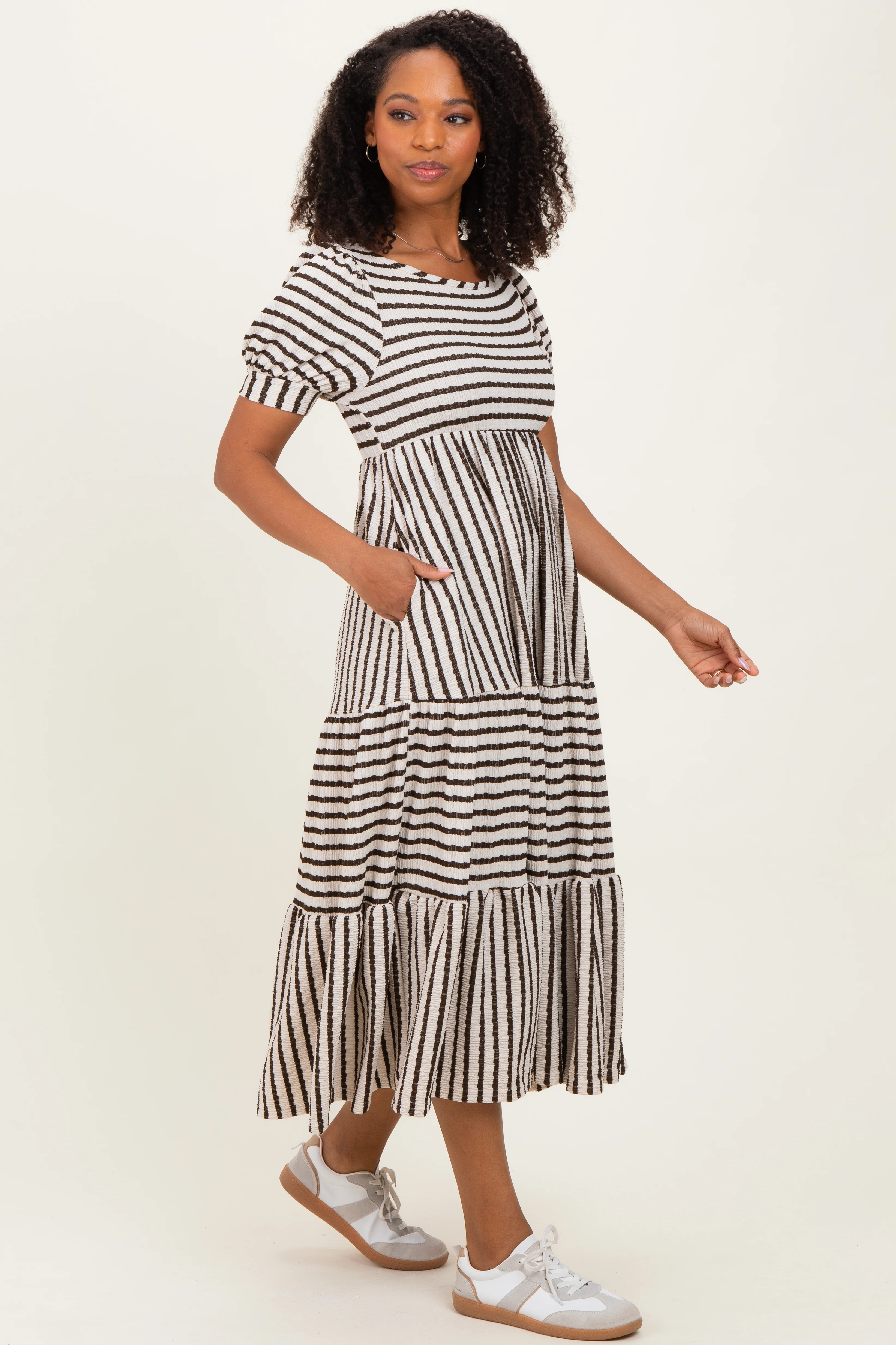 Cream/Olive Striped Short Sleeve Tiered Maxi Dress - Image 3