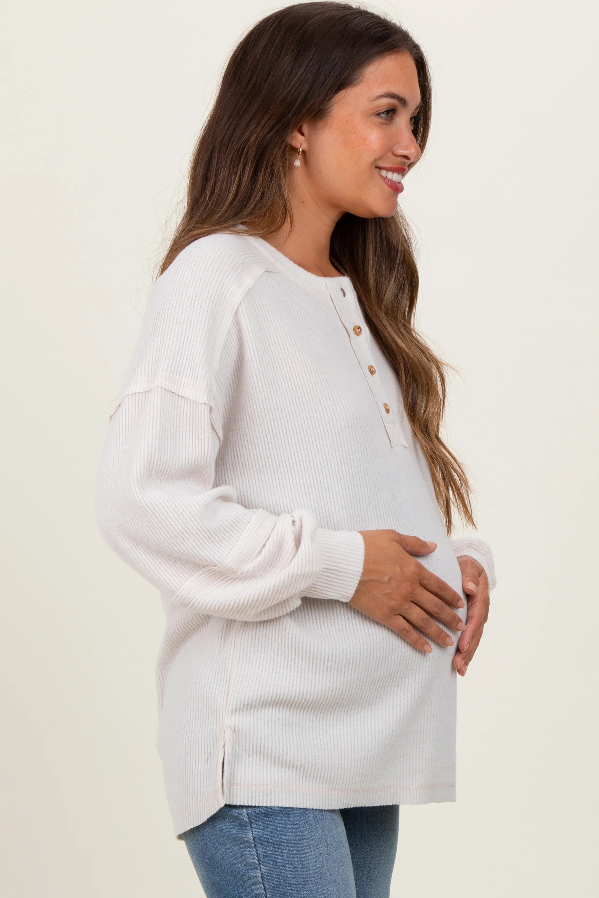 Cream Oversized Ribbed Knit Henley Maternity Sweater - Image 3