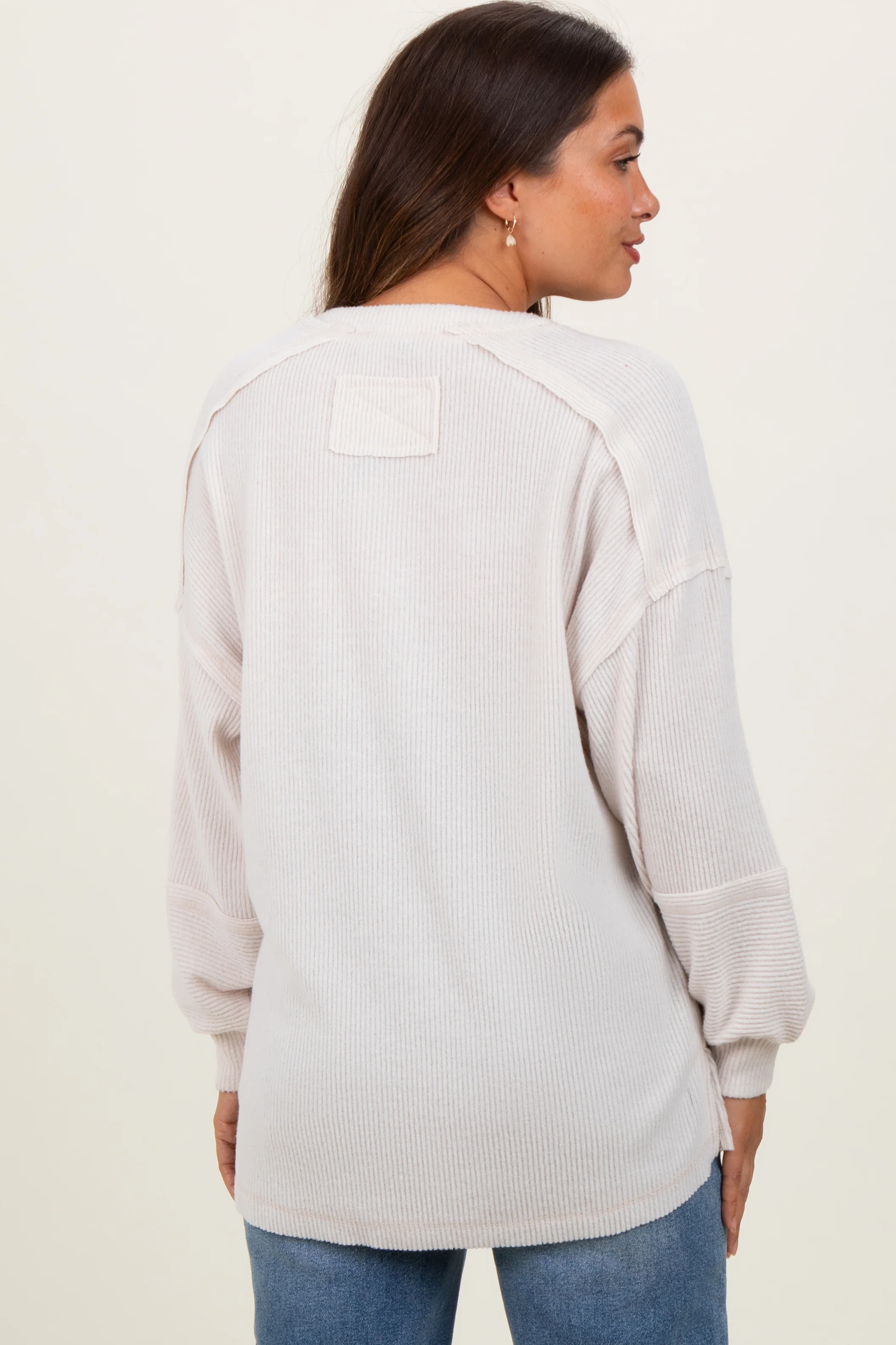 Cream Oversized Ribbed Knit Henley Maternity Sweater - Image 4