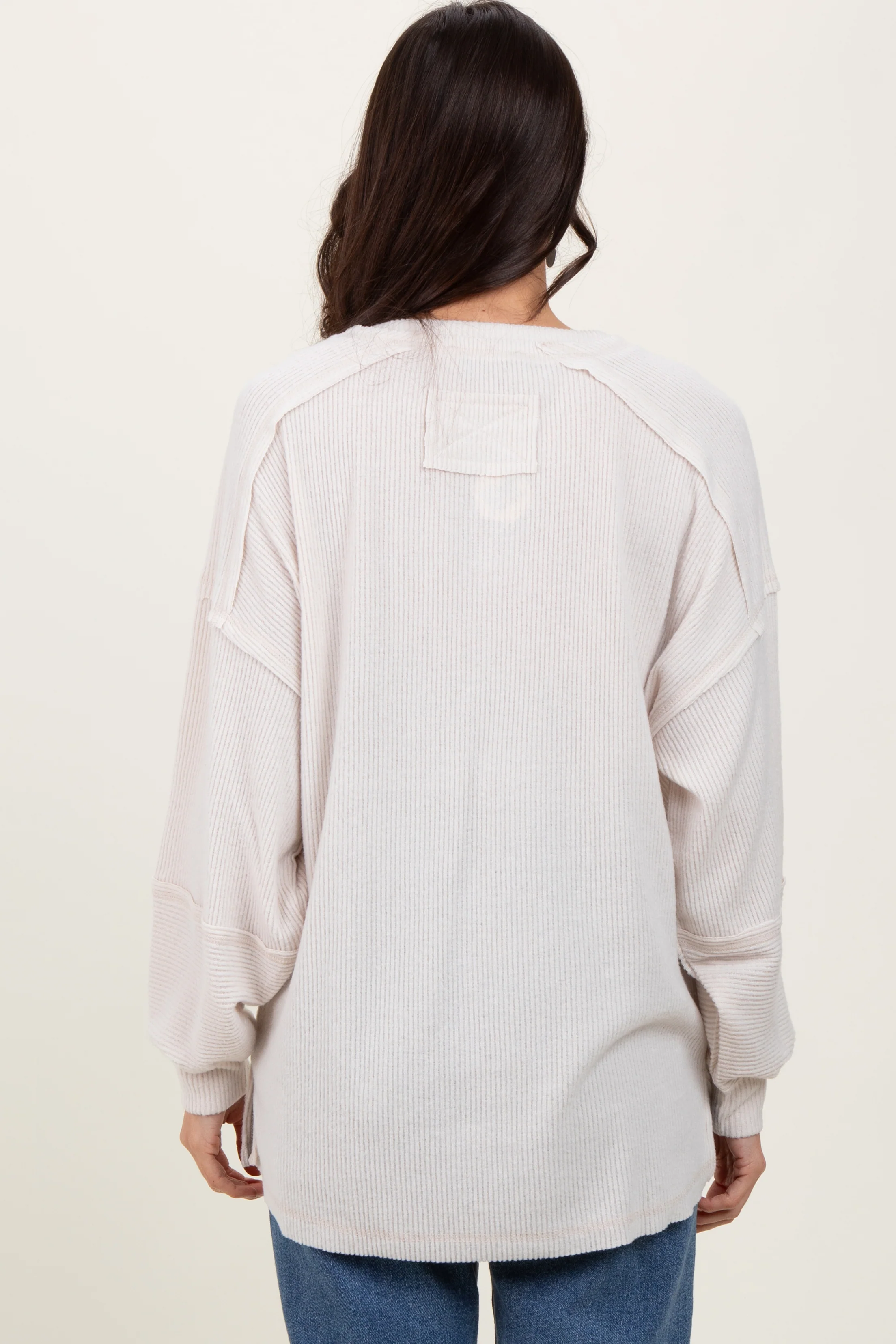 Cream Oversized Ribbed Knit Henley Sweater - Image 4