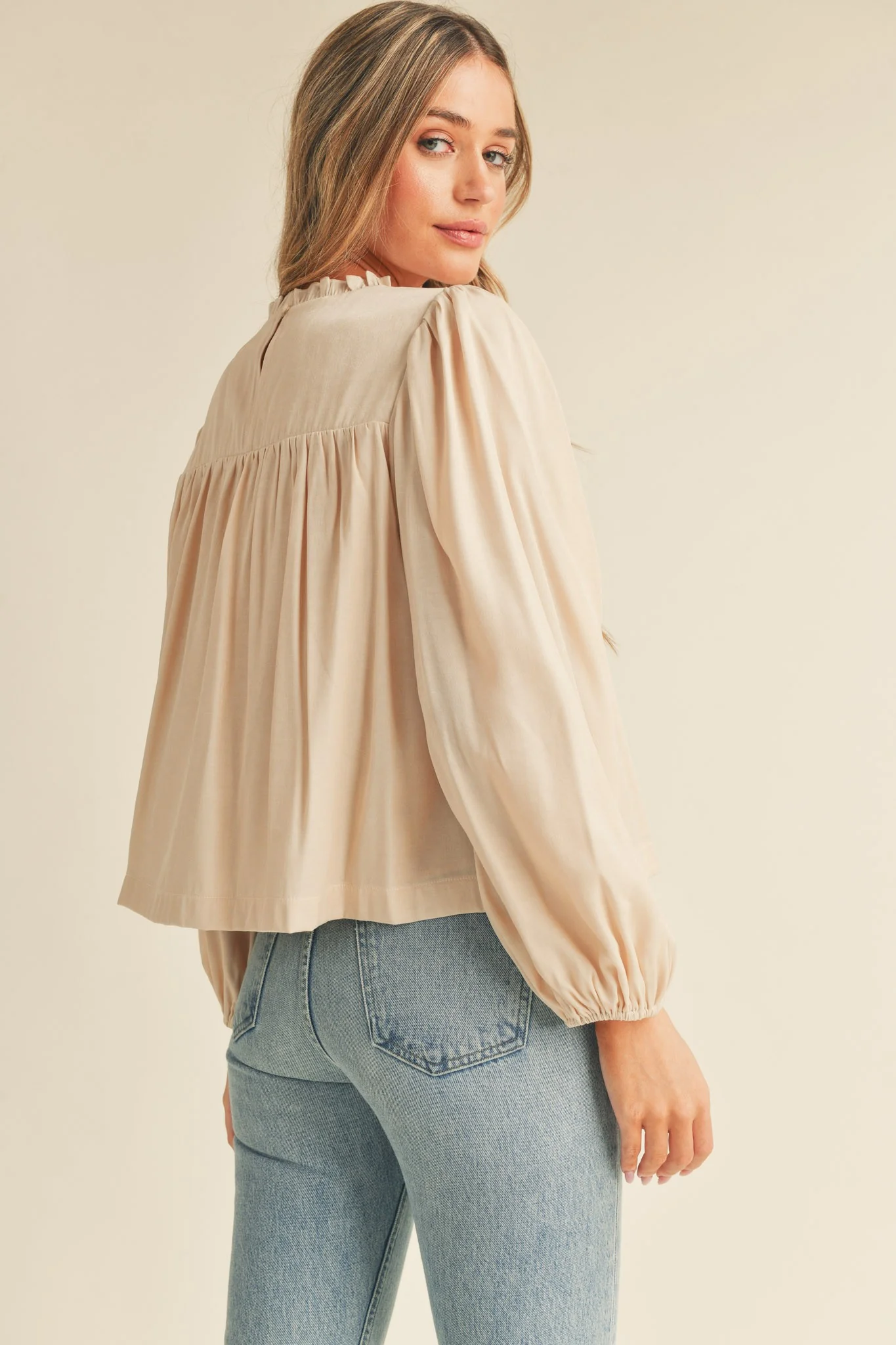 Cream Pintuck Yoke Top With Long Puff Sleeves - Image 3