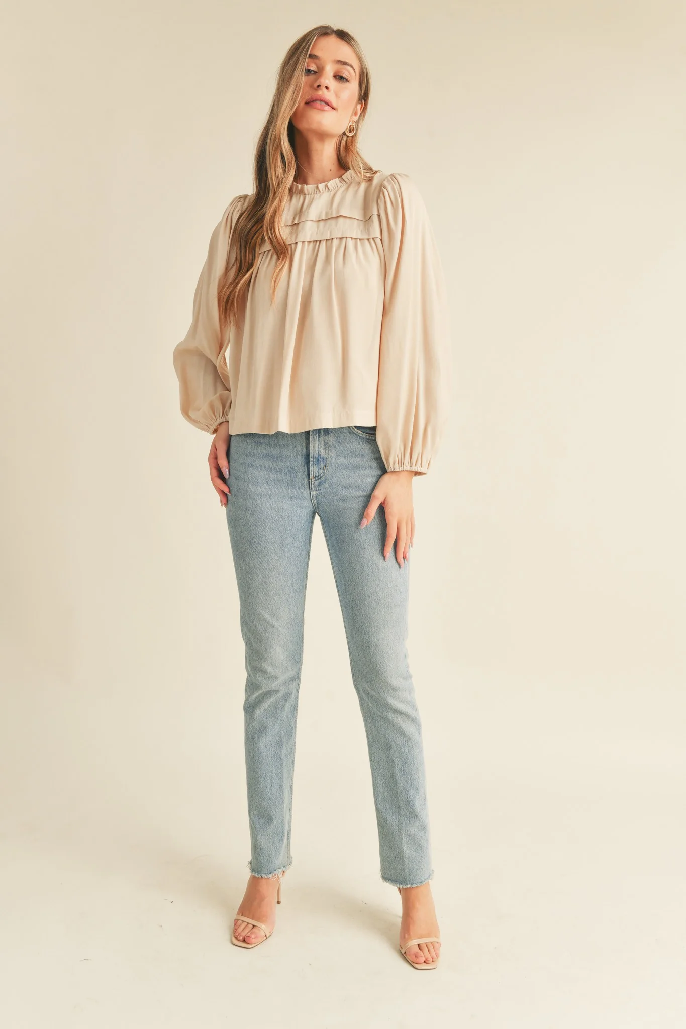 Cream Pintuck Yoke Top With Long Puff Sleeves - Image 4