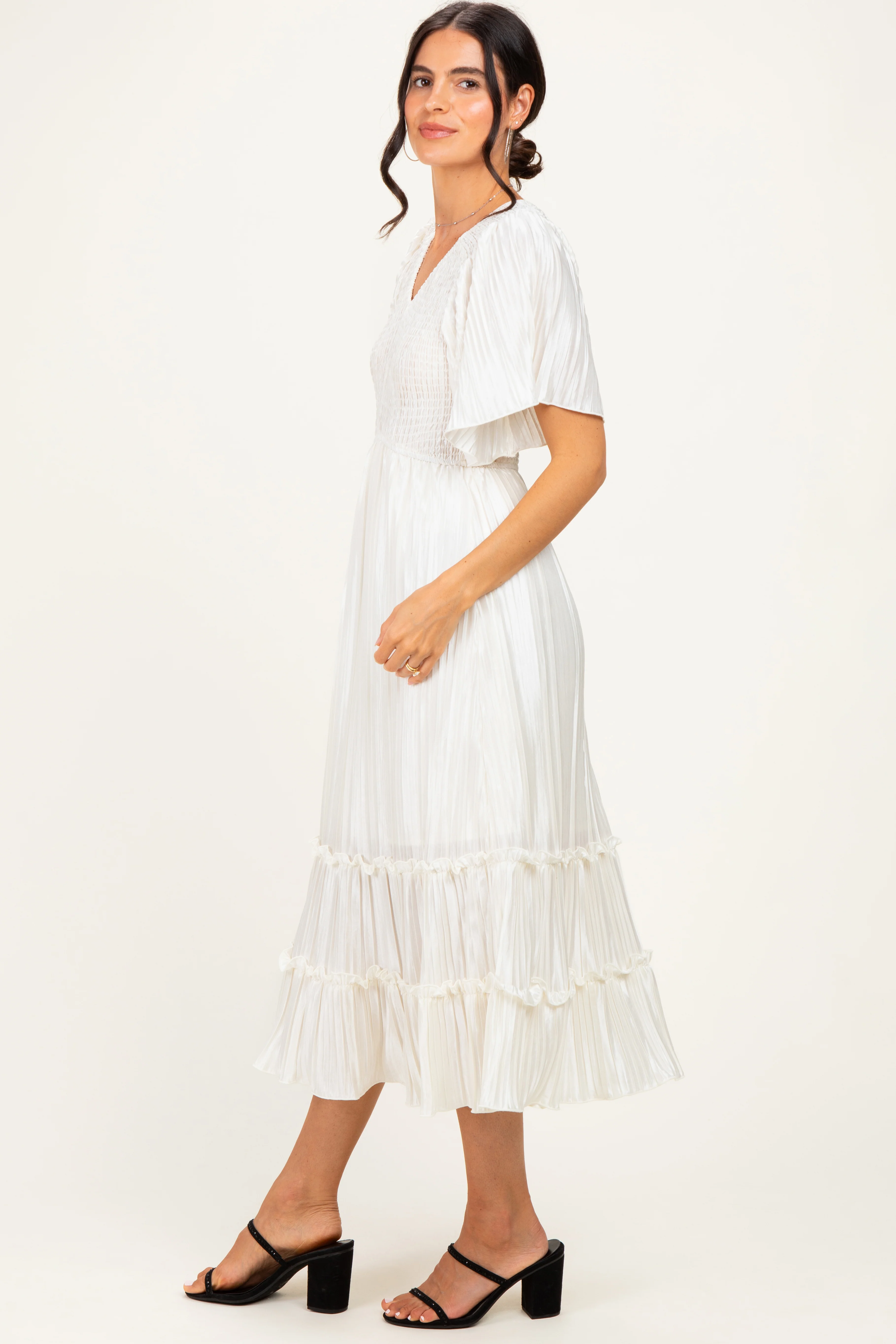 Cream Pleated Satin Smocked Midi Dress - Image 3