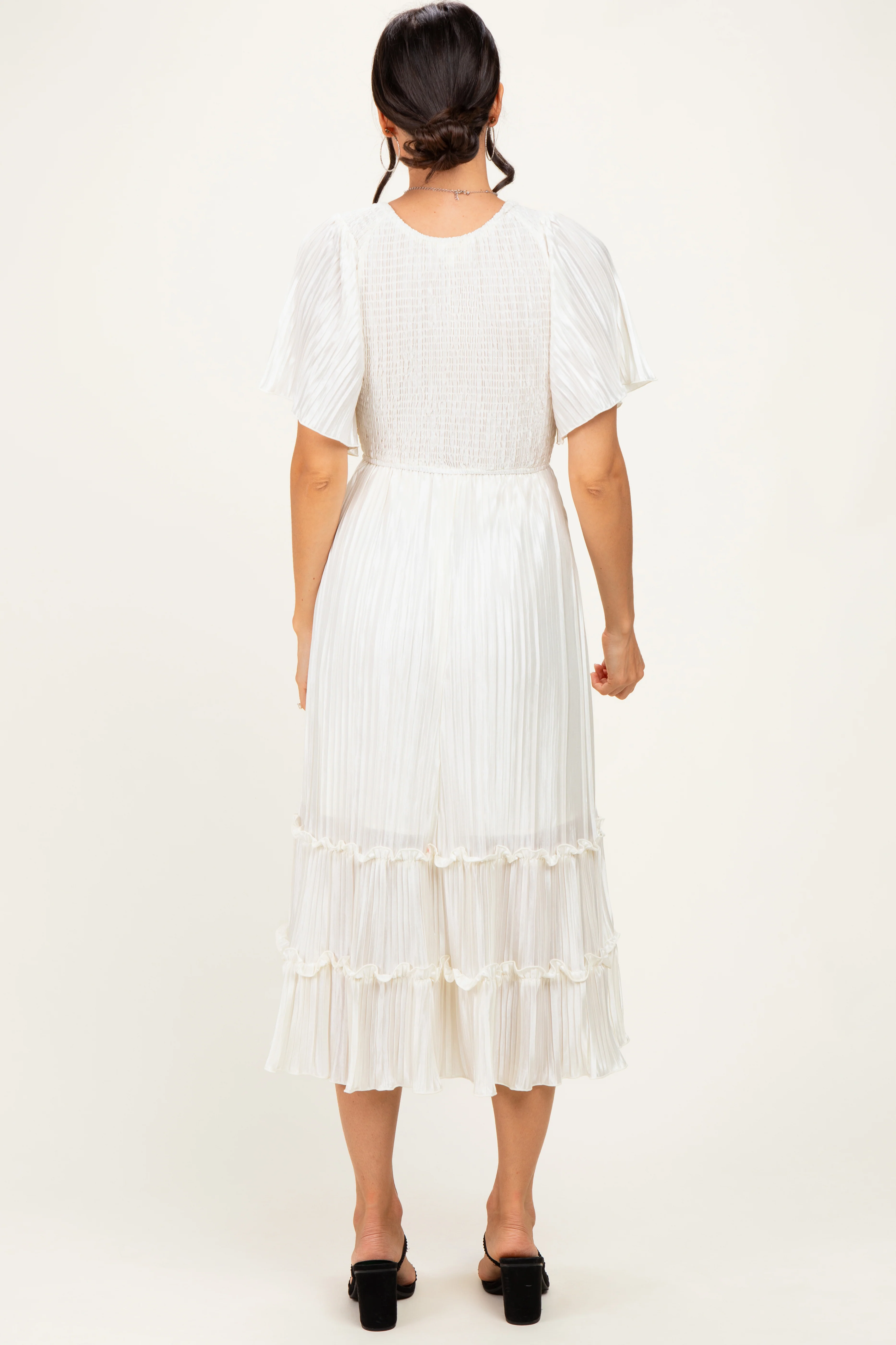 Cream Pleated Satin Smocked Midi Dress - Image 4