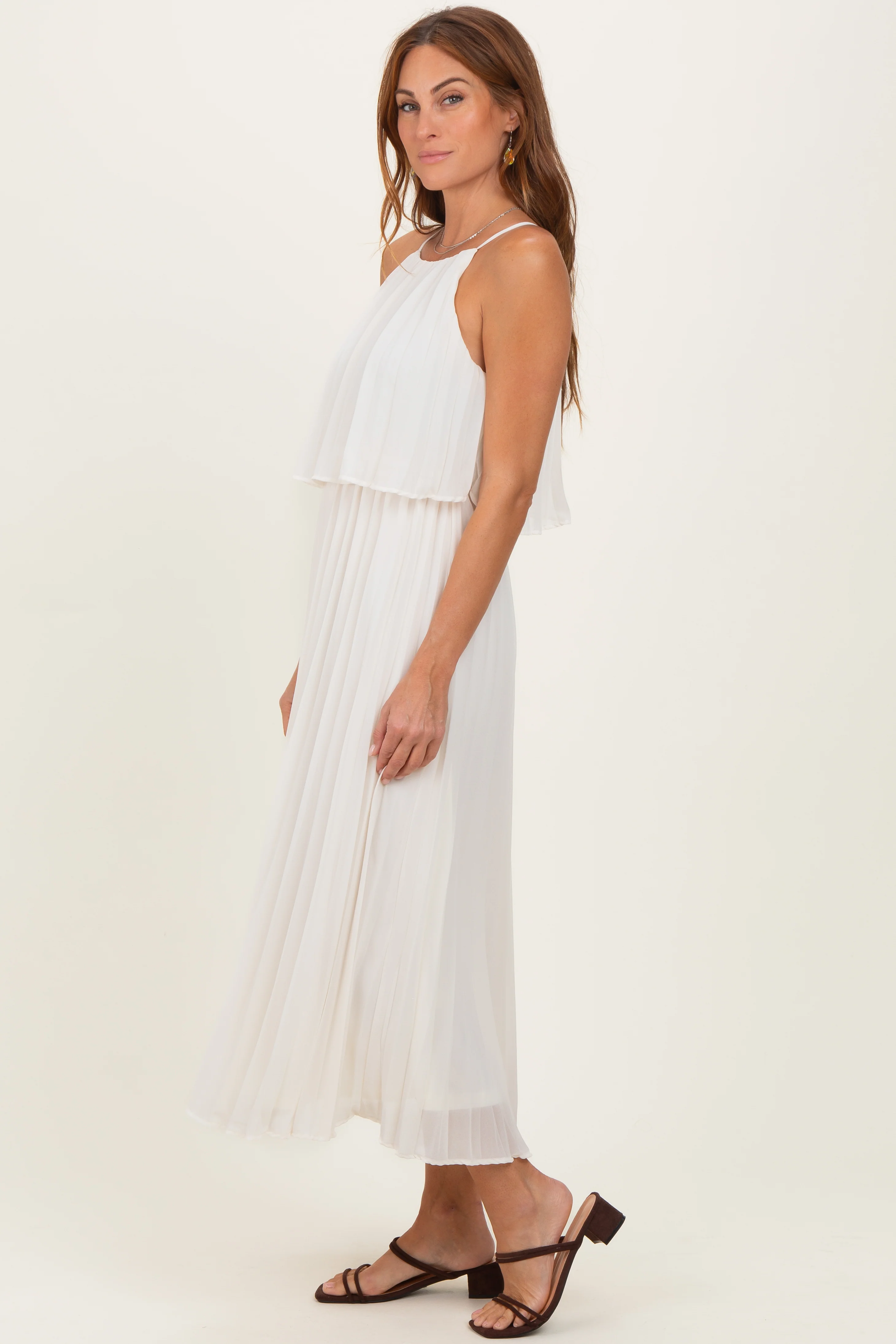 Cream Pleated Woven Midi Dress - Image 3