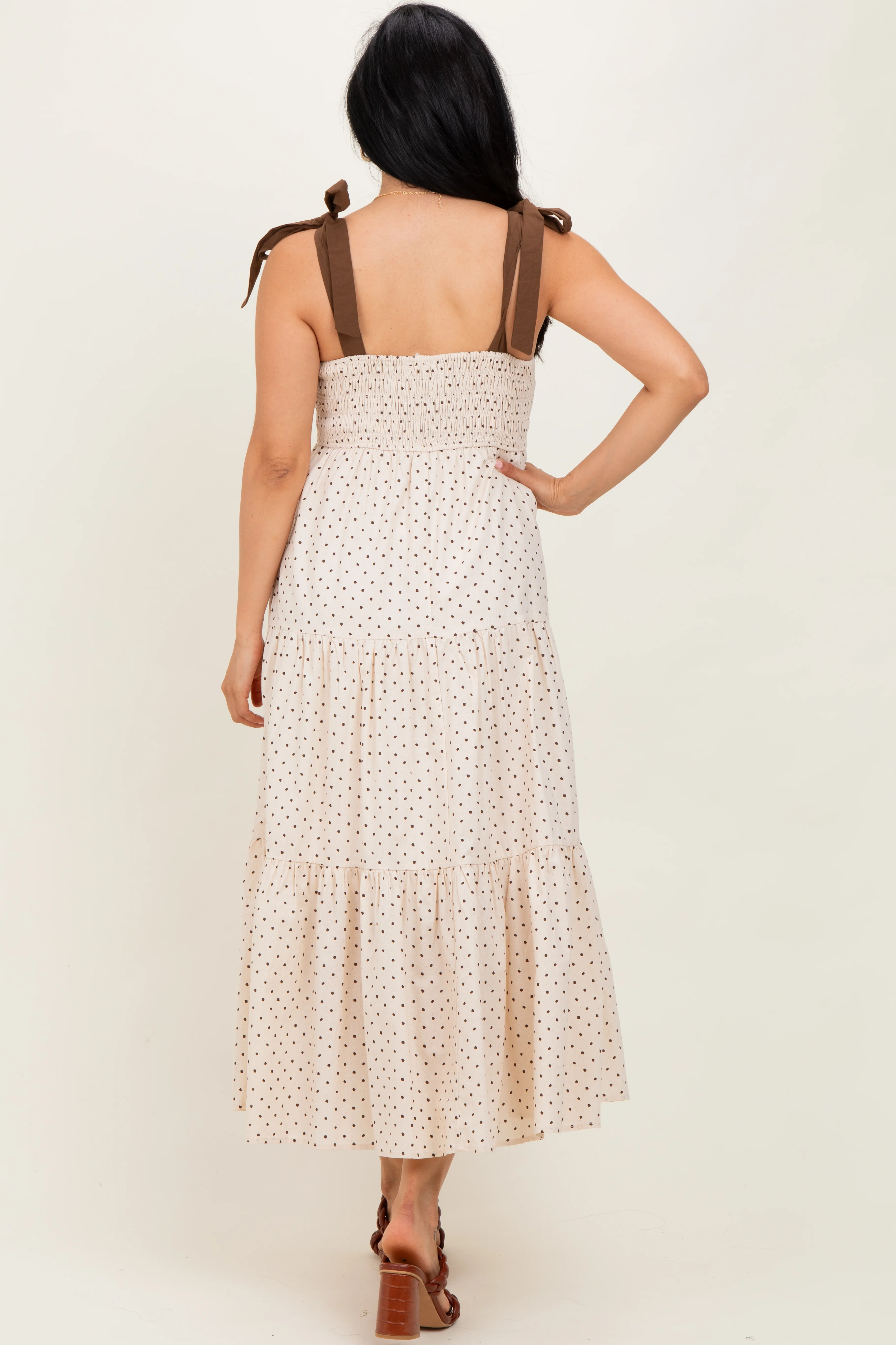 Cream Polka Dot Tiered Shoulder Tie Midi Dress - Image 4
