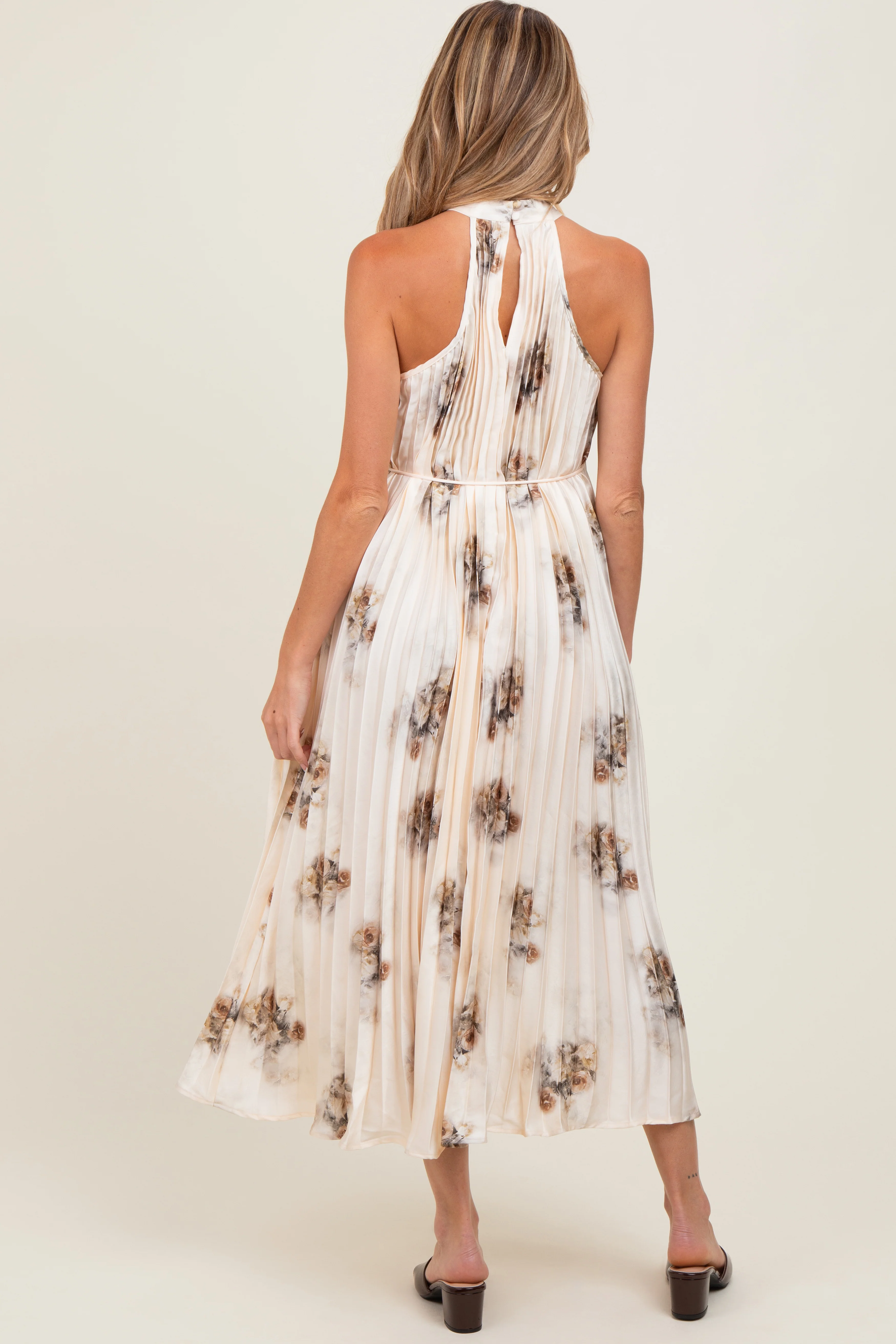 Cream Printed Pleated Maternity Halter Dress - Image 4