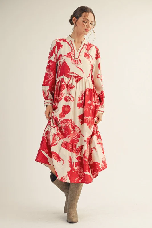 Cream/Red Big Floral Print Midi Dress