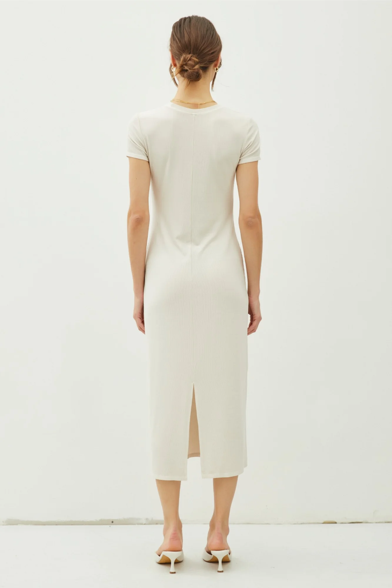 Cream Rib Knit Back Slit Dress - Image 3