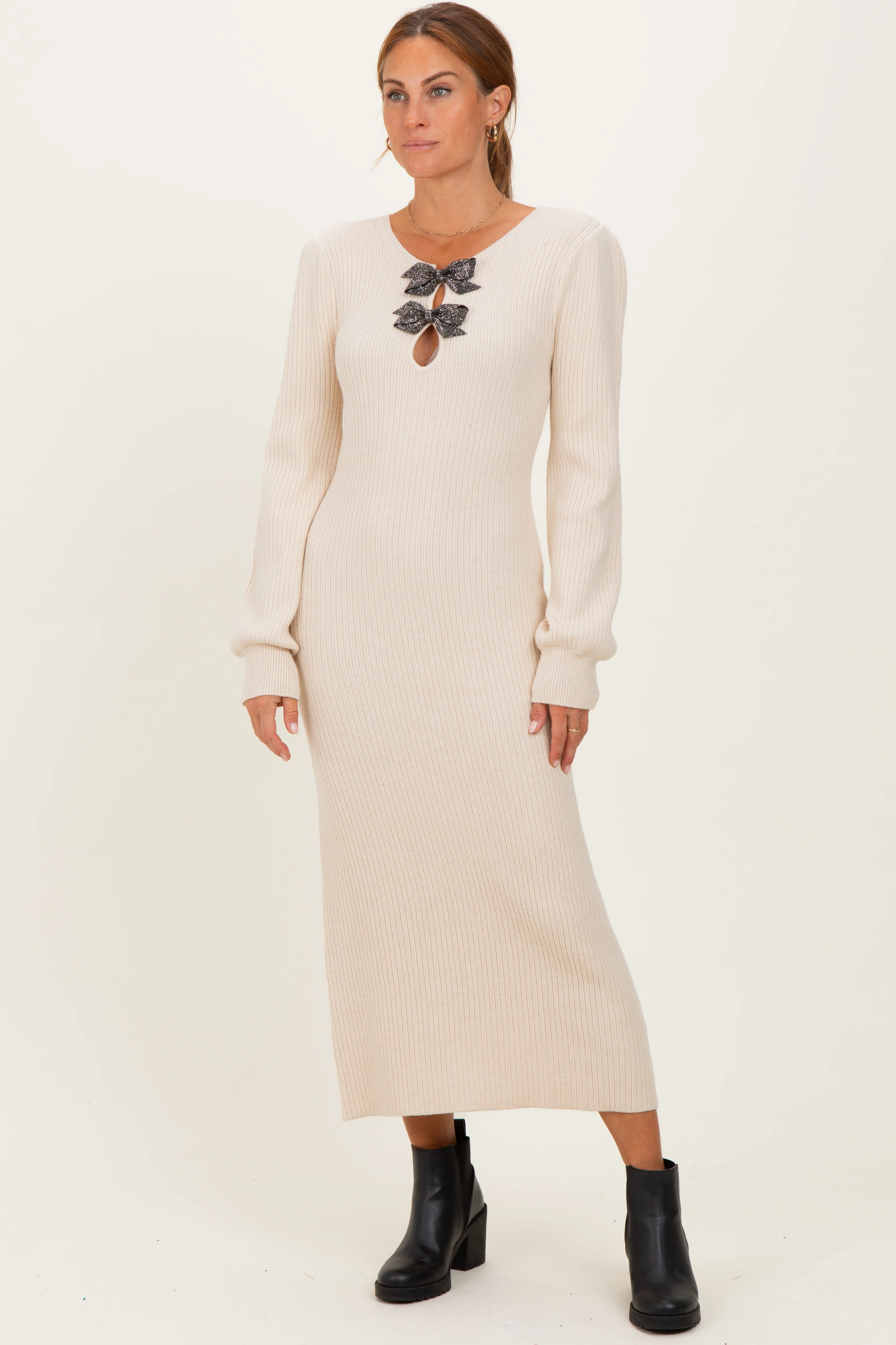 Cream Ribbed Bow Detail Midi Sweater Dress - Image 3