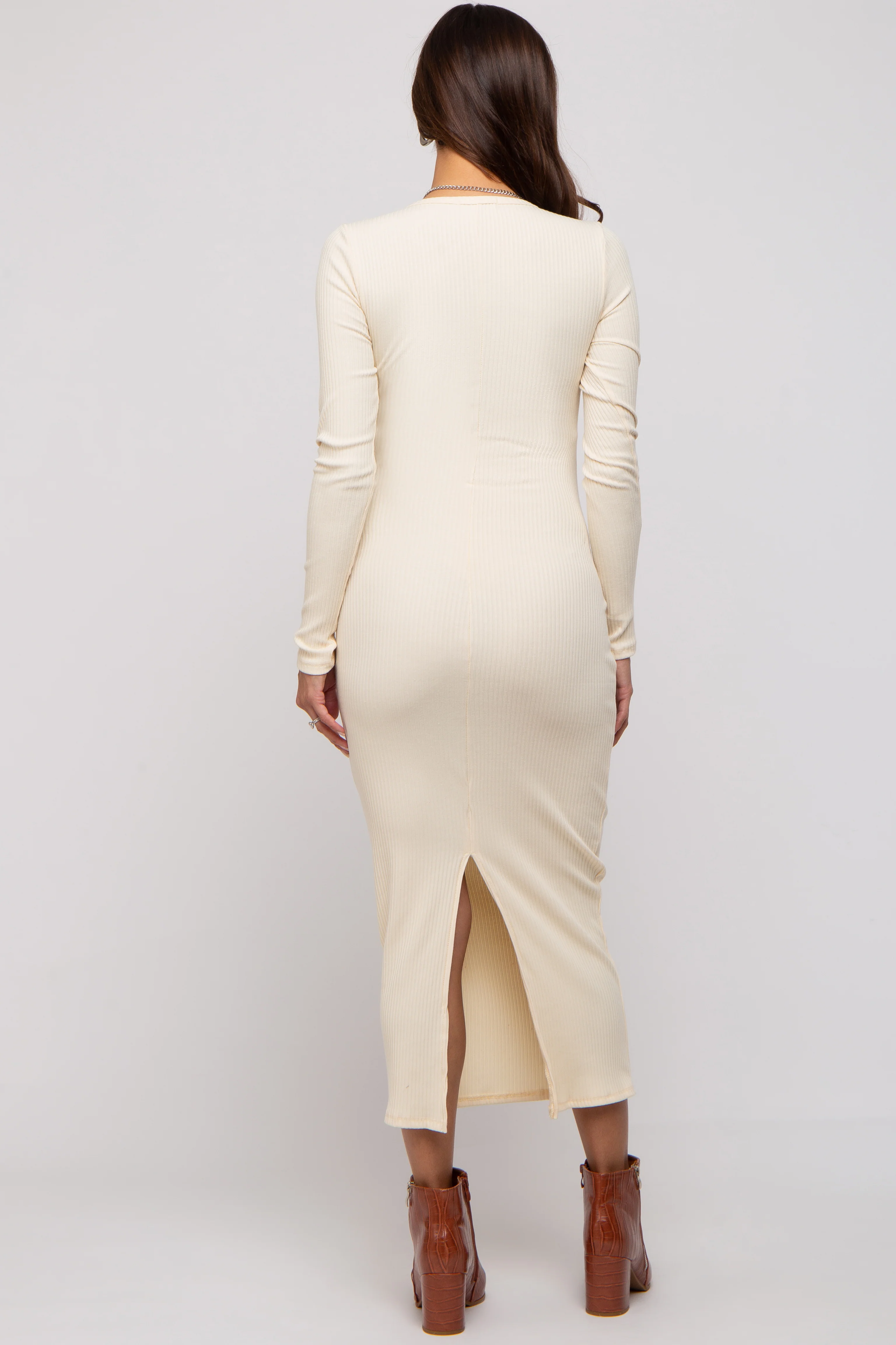 Cream Ribbed Long Sleeve Maternity Maxi Dress - Image 3