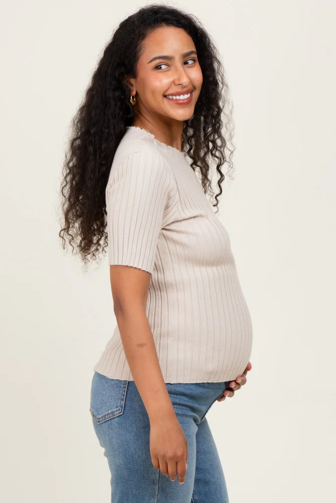 Cream Ribbed Mock Neck Knit Maternity Short Sleeve Top - Image 3
