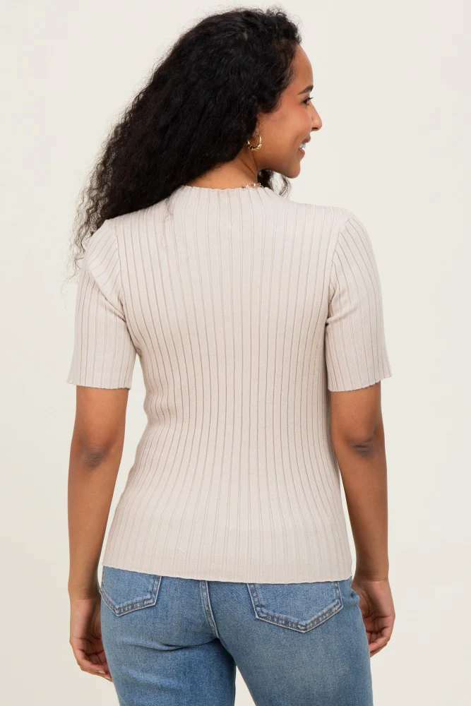 Cream Ribbed Mock Neck Knit Maternity Short Sleeve Top - Image 4