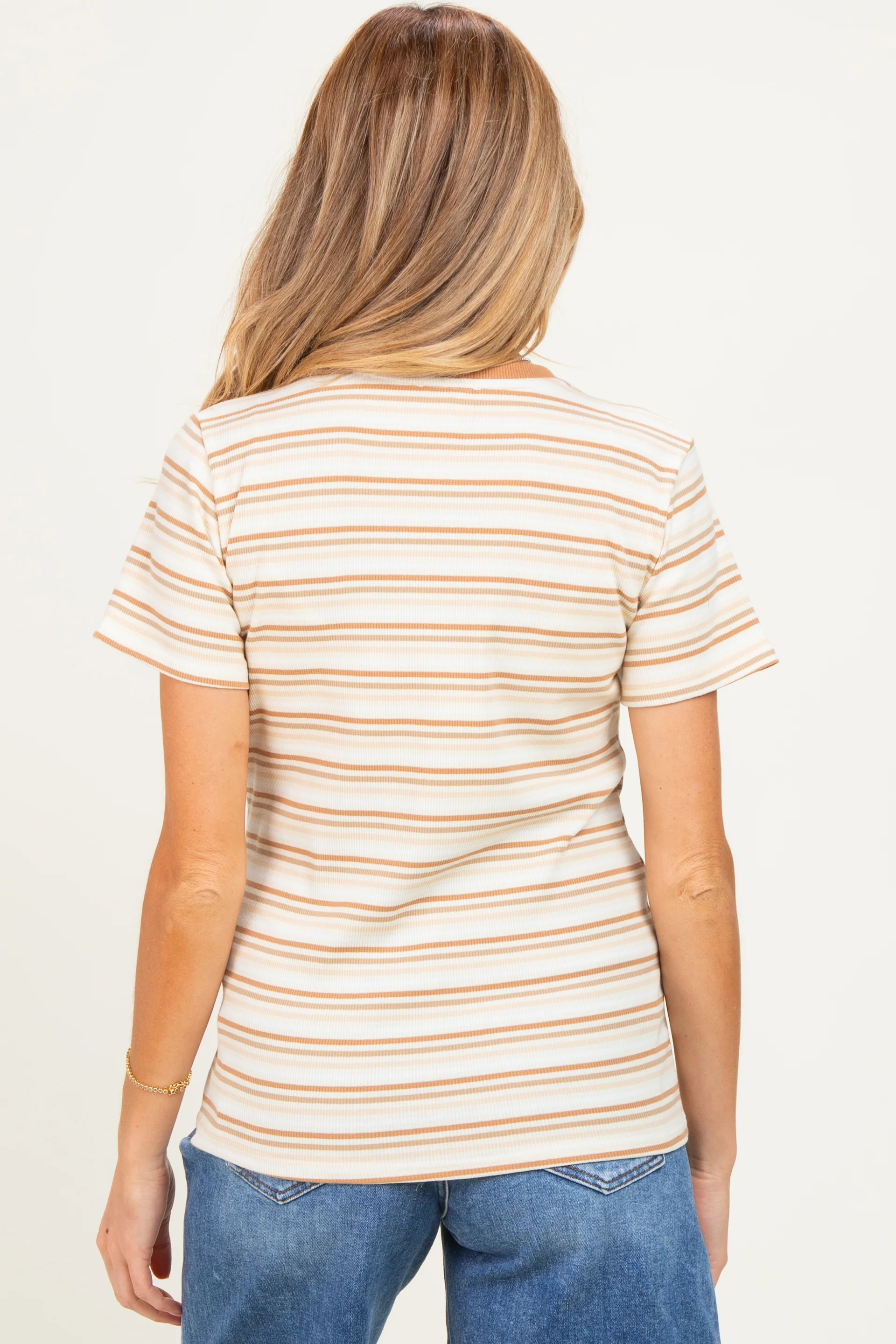 Cream Ribbed Striped Maternity T-Shirt - Image 3