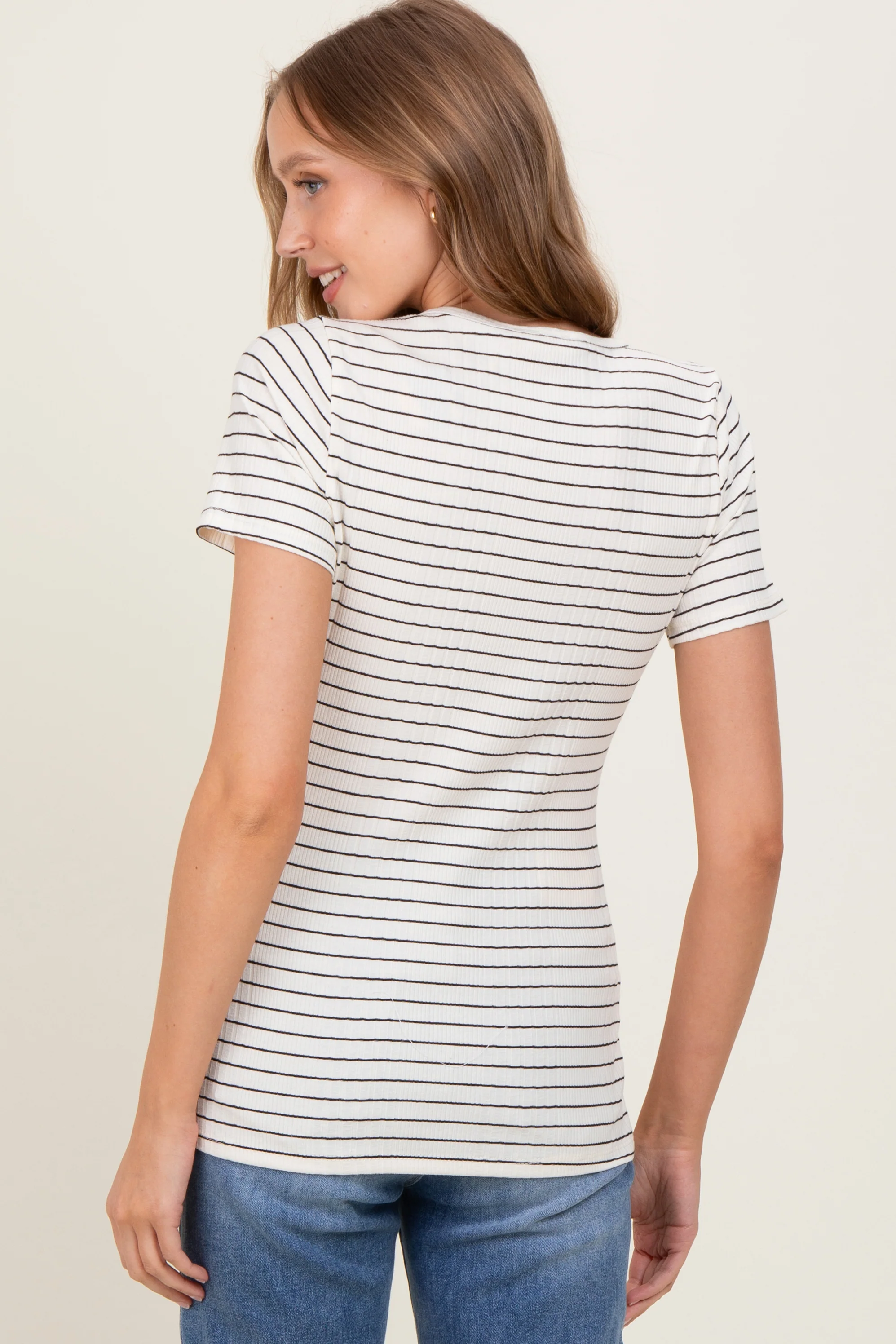 Cream Ribbed Striped Short Sleeve Top - Image 4
