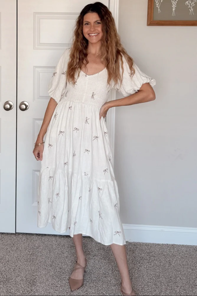 Cream Ribbon Print Smocked Midi Dress - Image 5