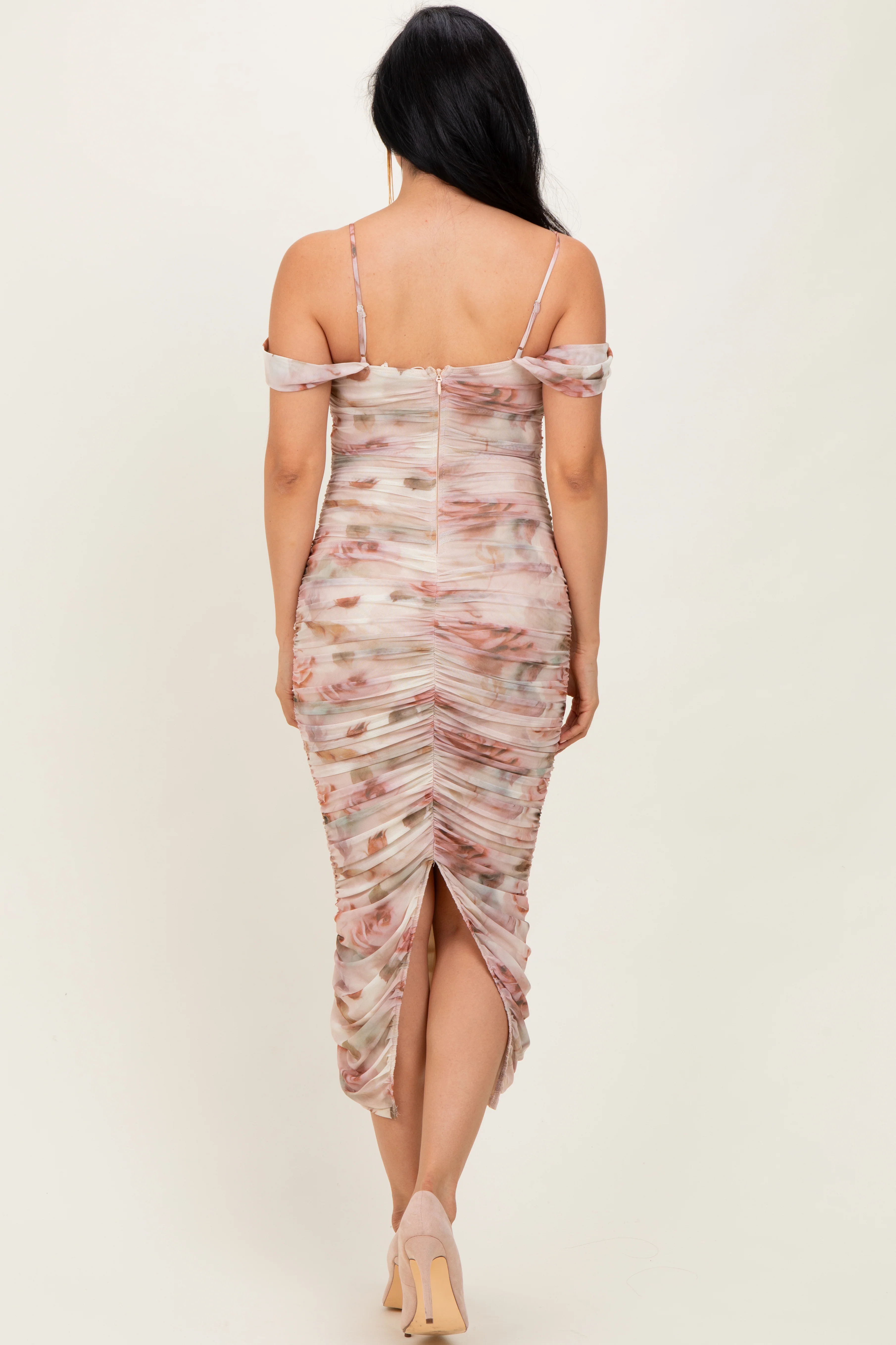 Cream Rose Floral Mesh Ruched Off Shoulder Midi Dress - Image 4