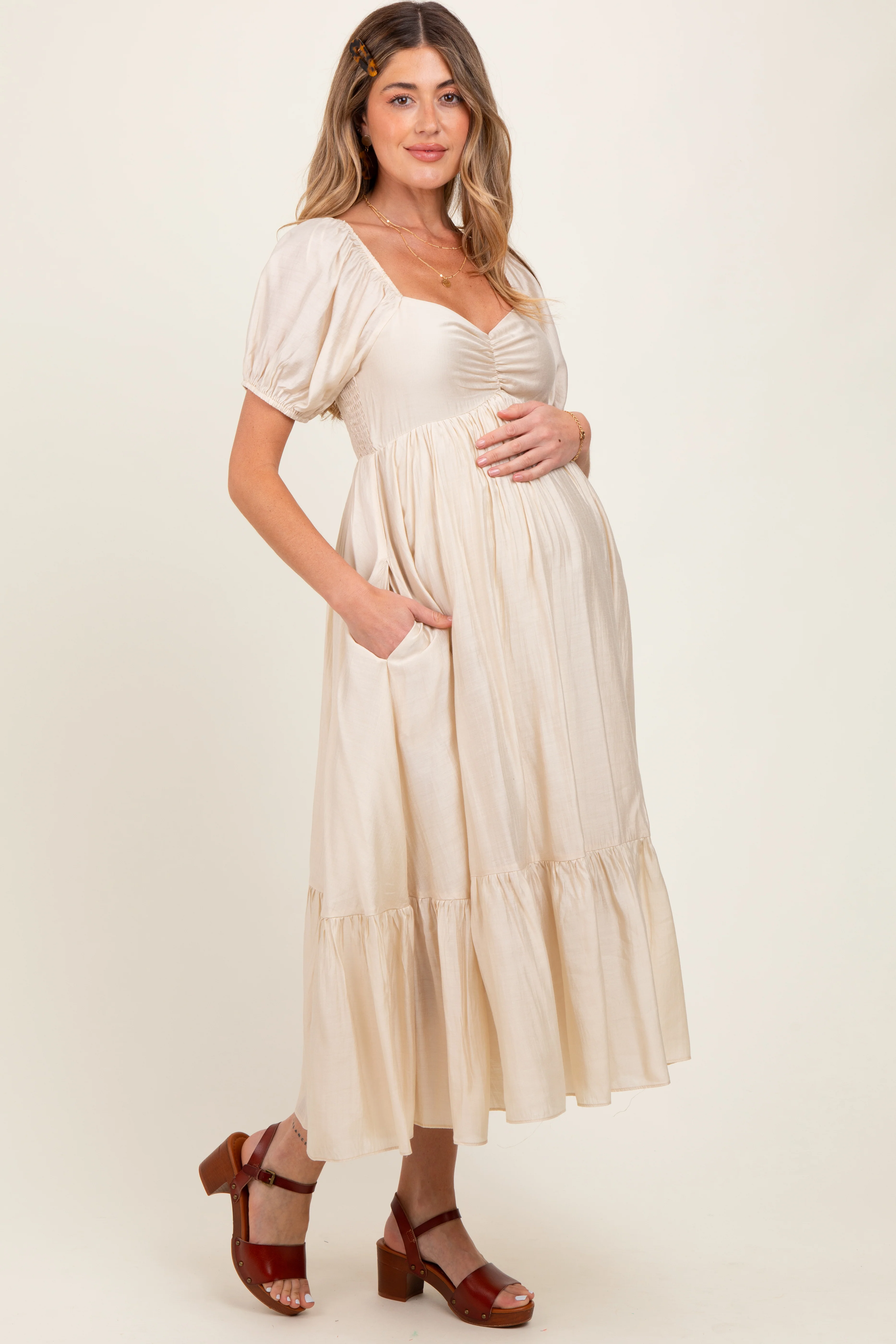 Cream Ruched Sweetheart Neck Tiered Maternity Midi Dress - Image 3