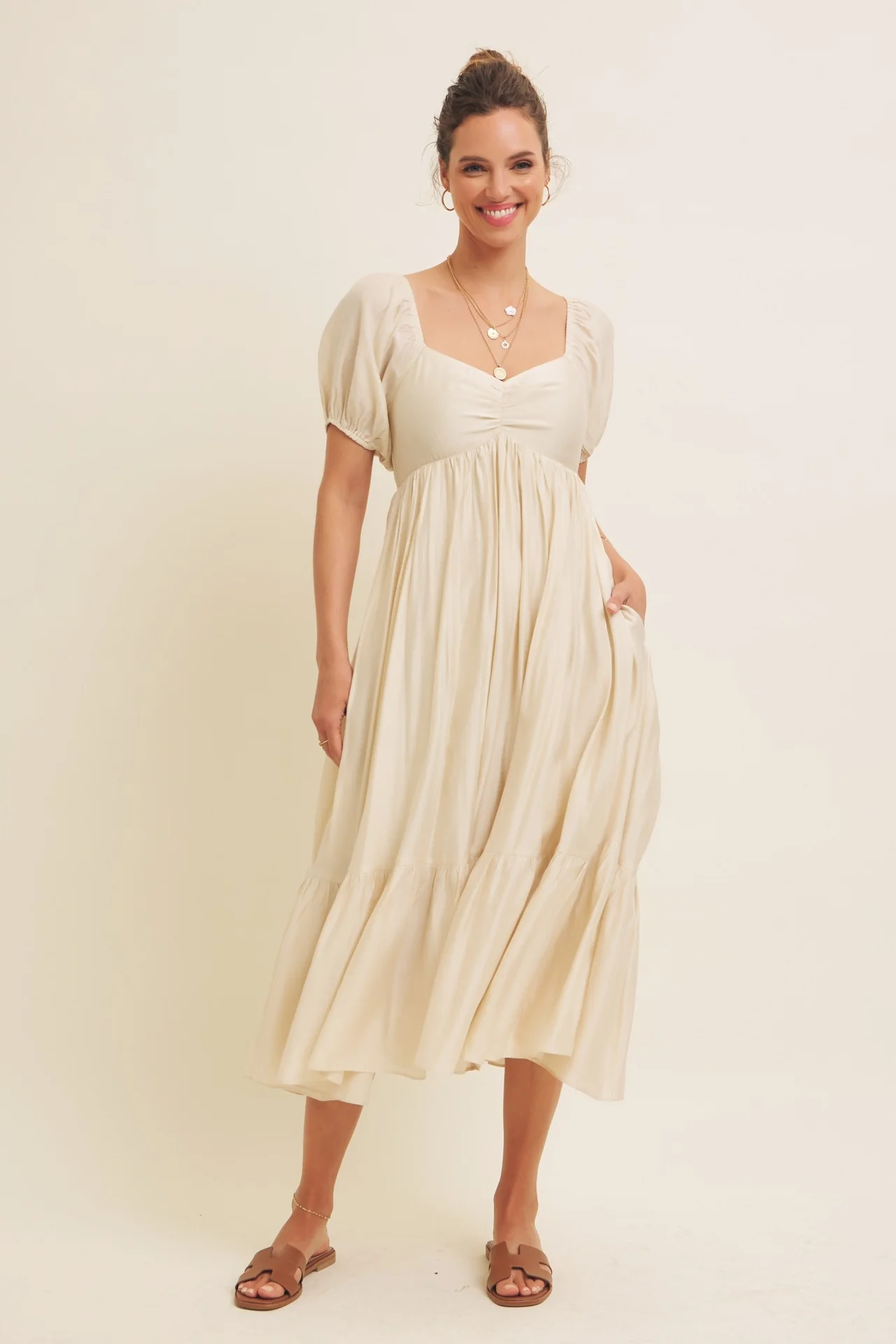 Cream Ruched Sweetheart Neck Tiered Maternity Midi Dress - Image 5