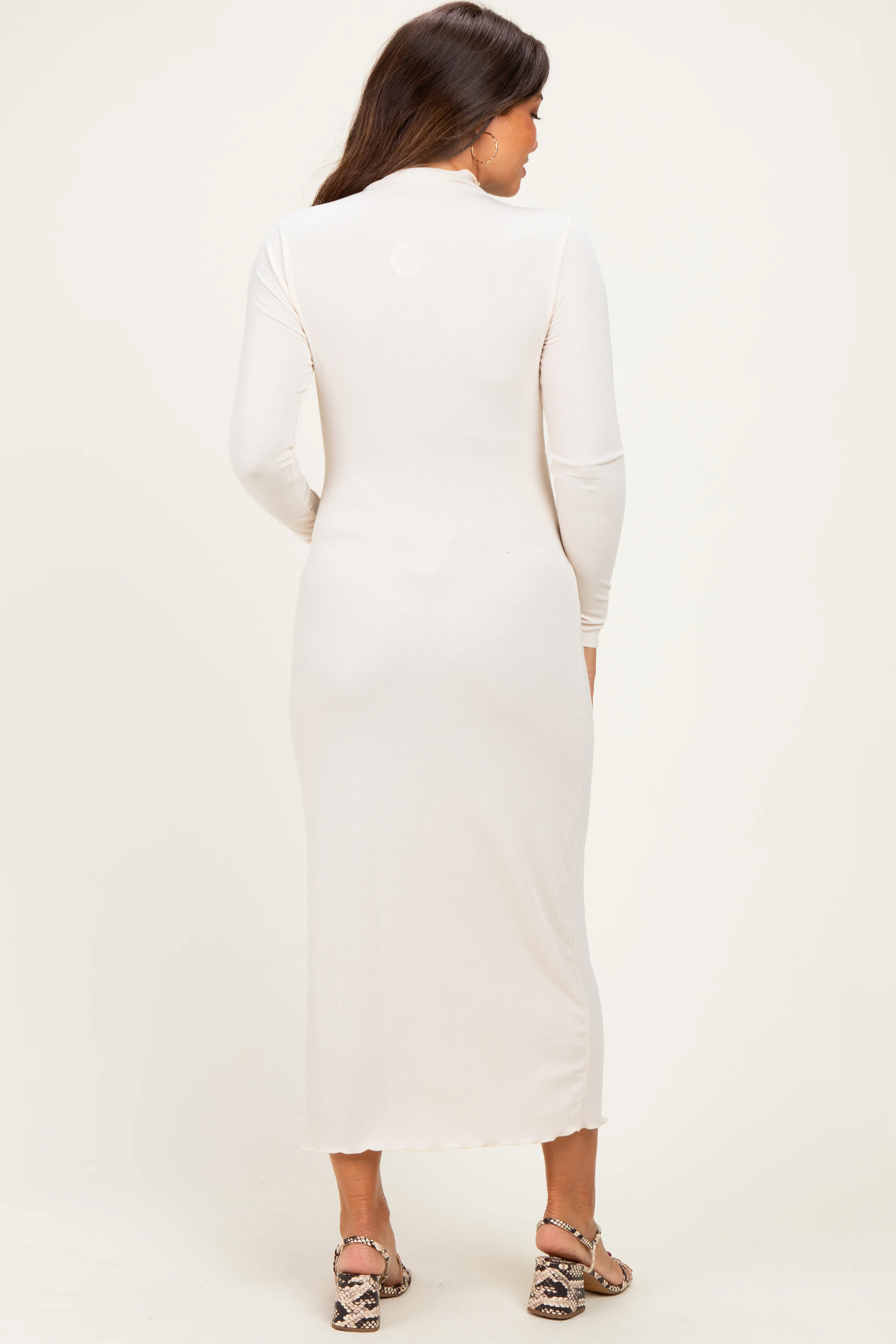Cream Ruffle Mock Neck Long Sleeve Maternity Midi Dress - Image 4