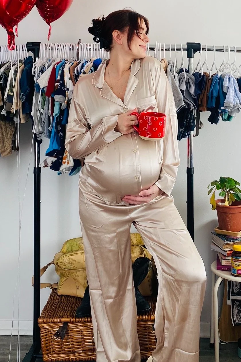 Cream Satin Contrast Trim Long Sleeve Maternity Pajama Set - Image 5