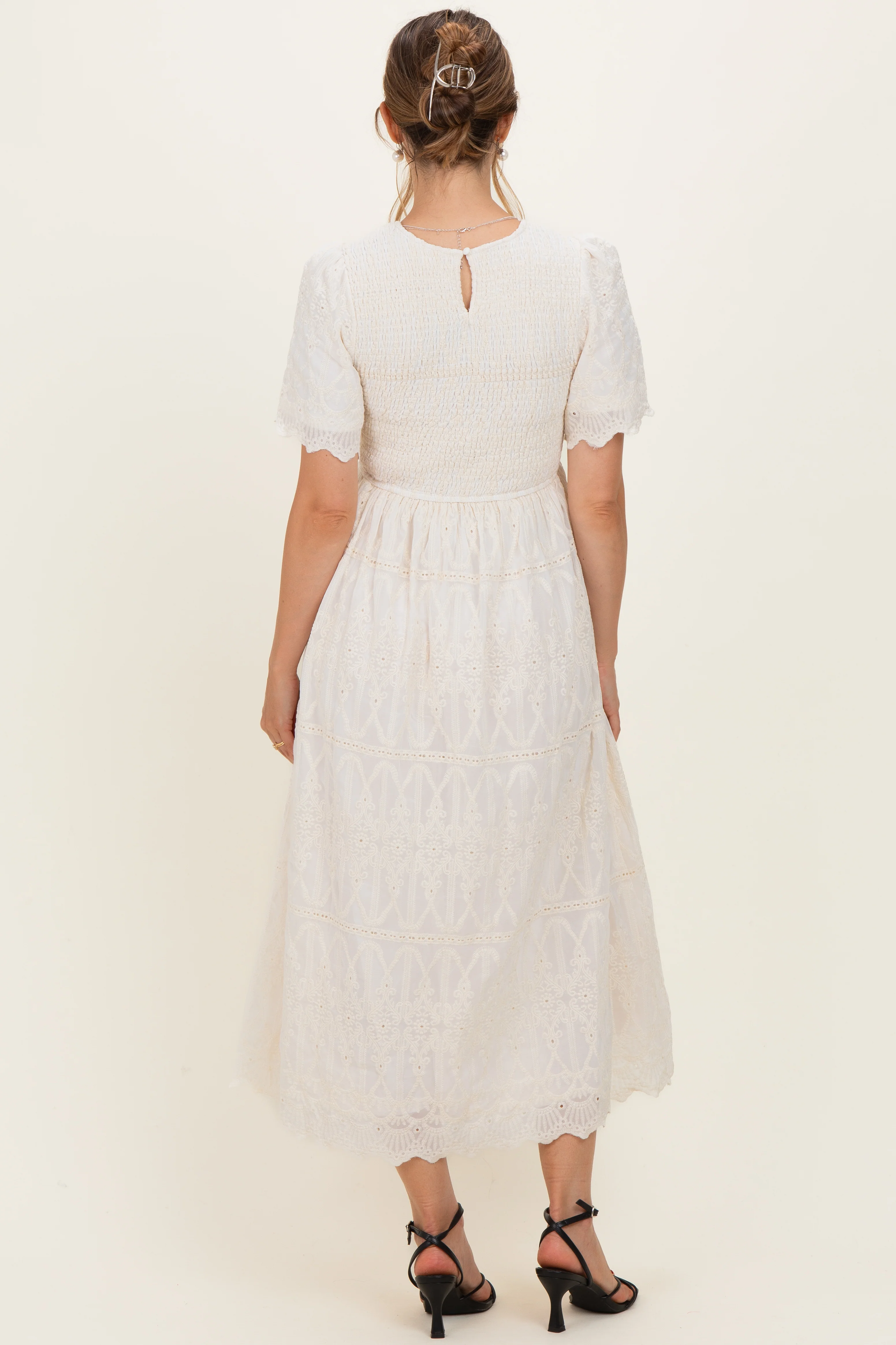 Cream Smocked Embroidered Maternity Midi Dress - Image 3