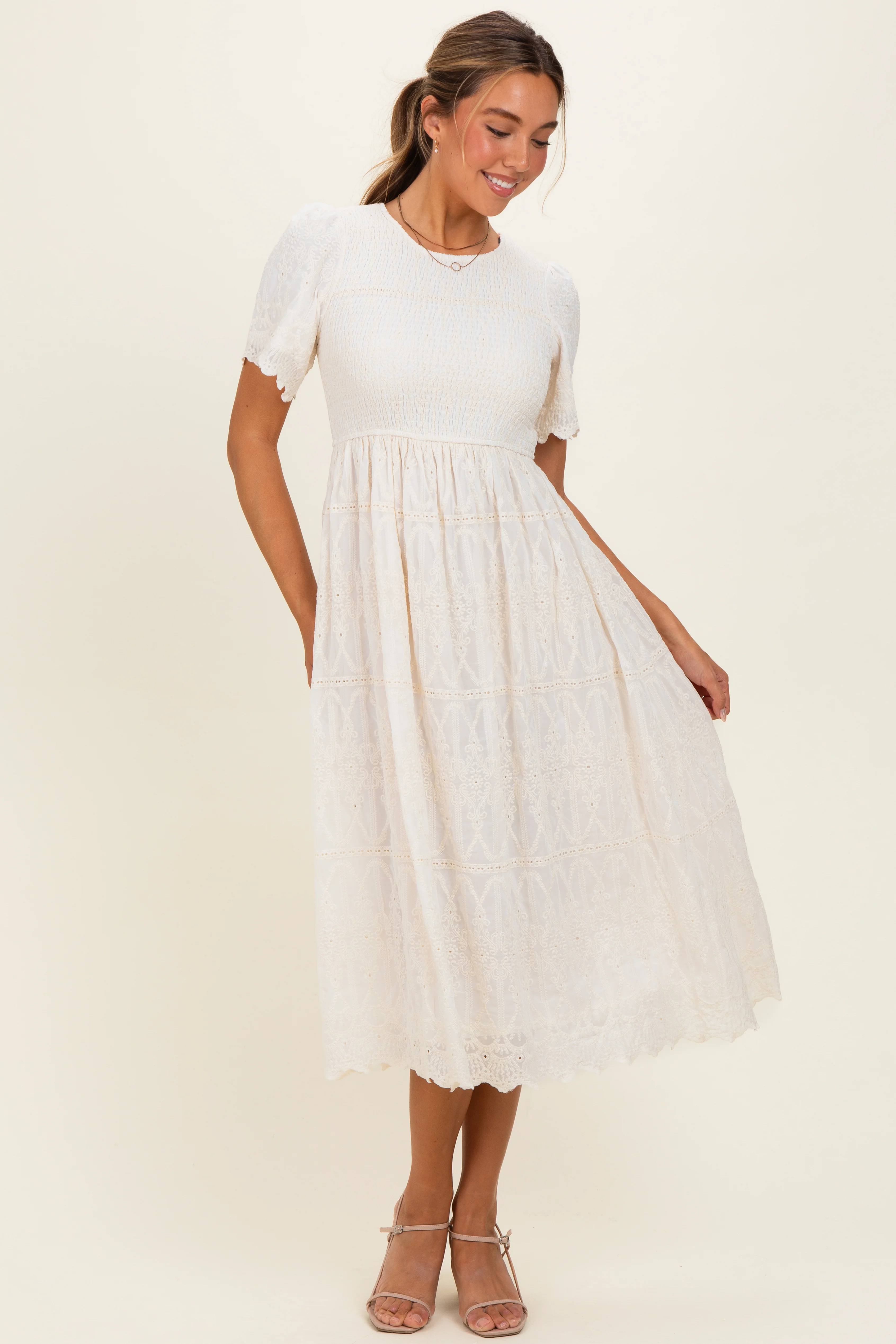 Cream Smocked Embroidered Maternity Midi Dress - Image 4