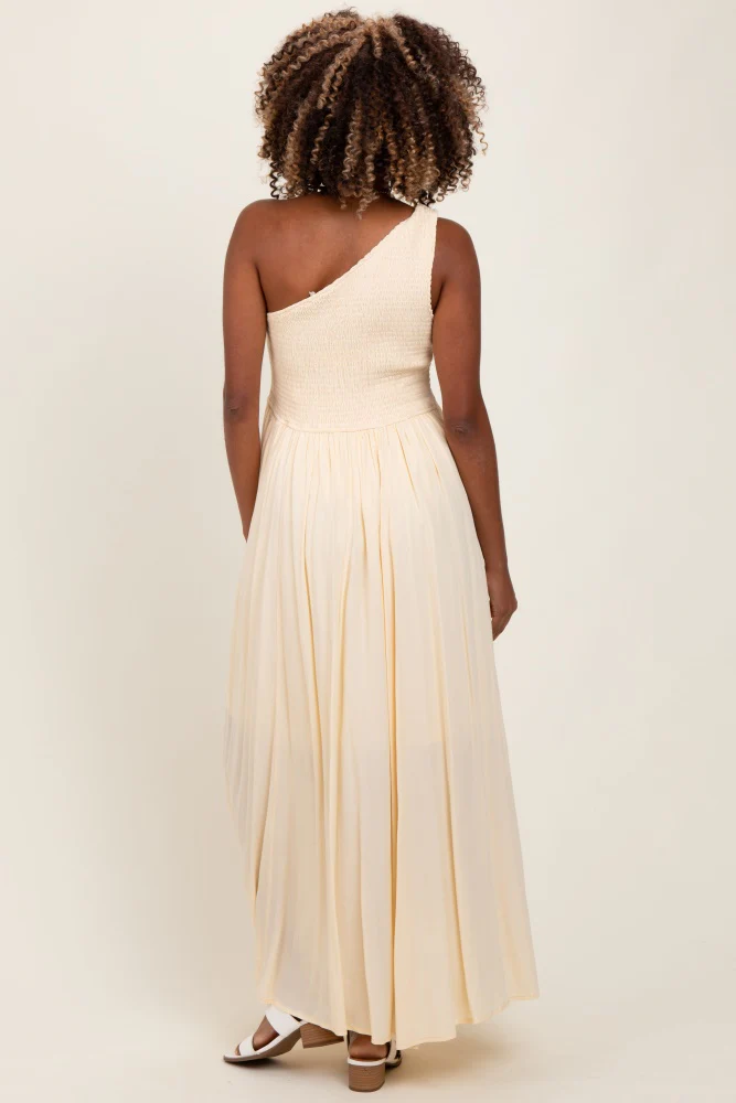 Cream Smocked One Shoulder Maternity Maxi Dress - Image 3