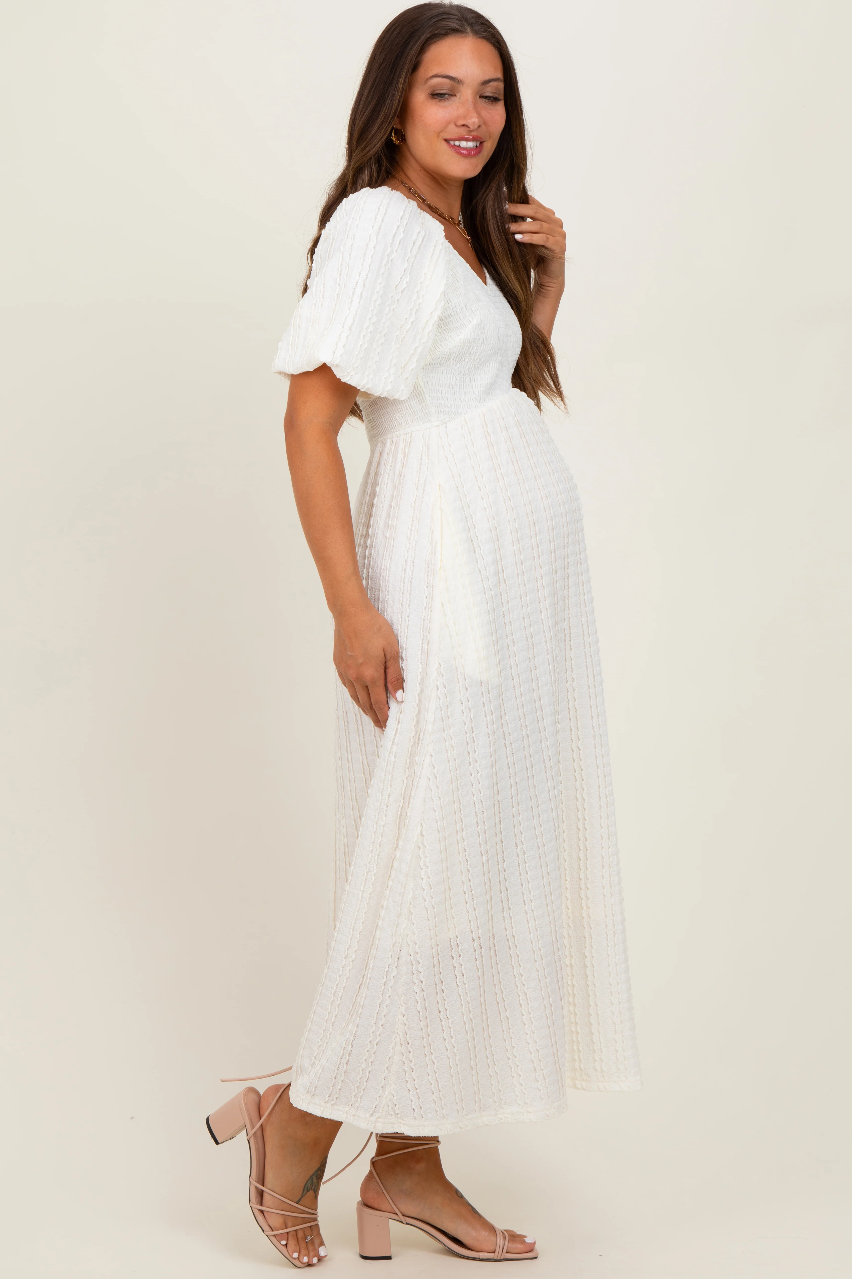 Cream Smocked V-Neck Short Puff Sleeve Textured Maternity Midi Dress - Image 3