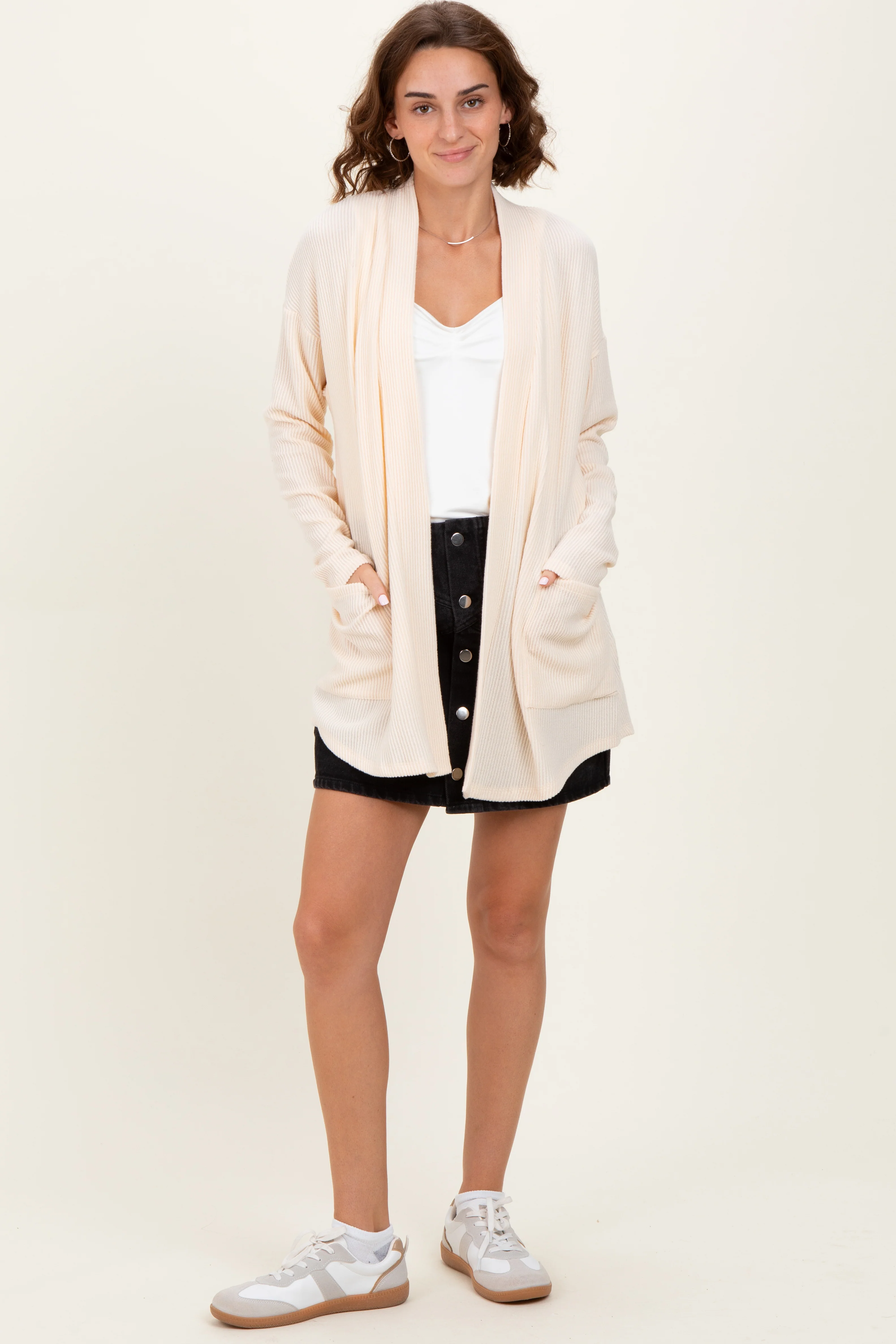 Cream Solid Ribbed Long Sleeve Open Front Pocket Maternity Cardigan - Image 5