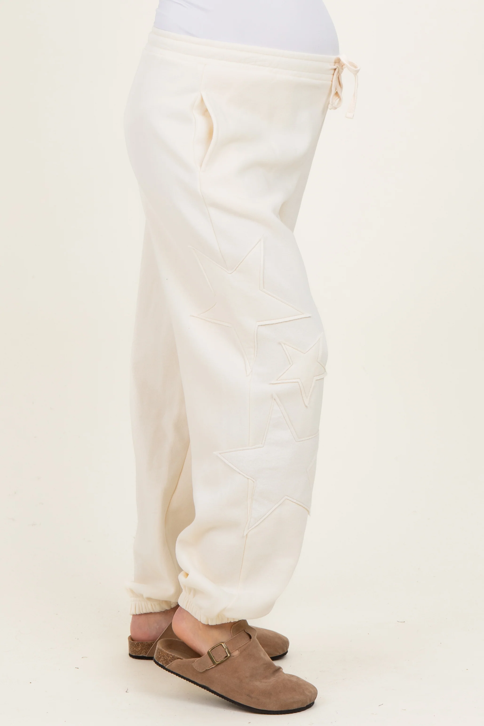Cream Star Patch Maternity Drawstring Sweatpants - Image 3